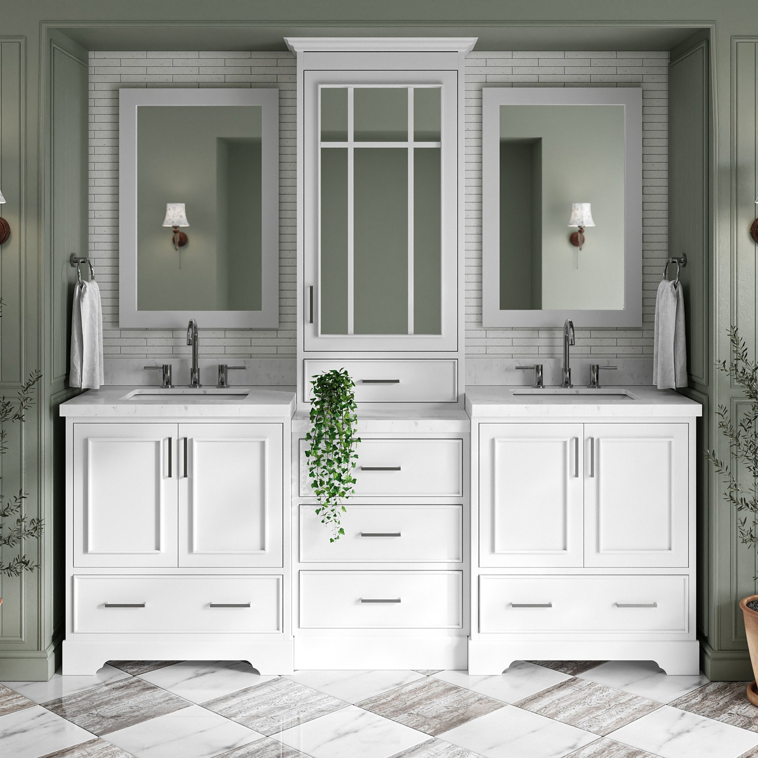 ARIEL M085DCQRWHT Stafford 84.25-in White Undermount Double Sink Bathroom Vanity with Carrara White Quartz Quartz Top (Mirror Included)