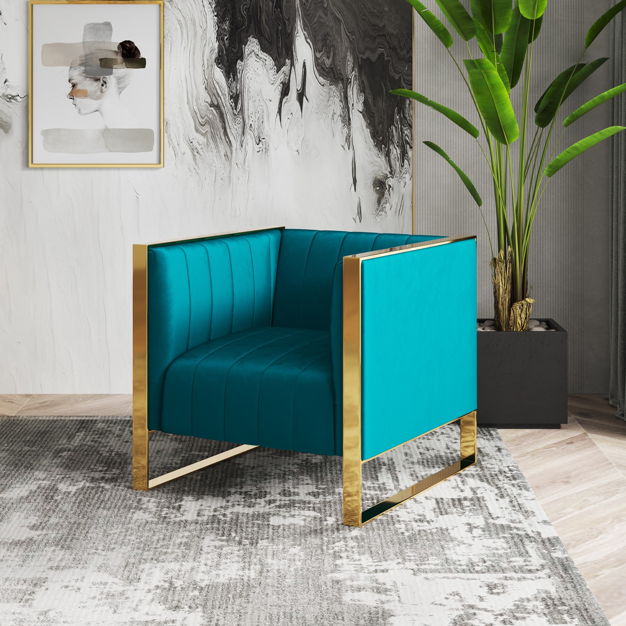 Manhattan Comfort AC055-TL Trillium Modern Teal and Gold Velvet Accent Chair