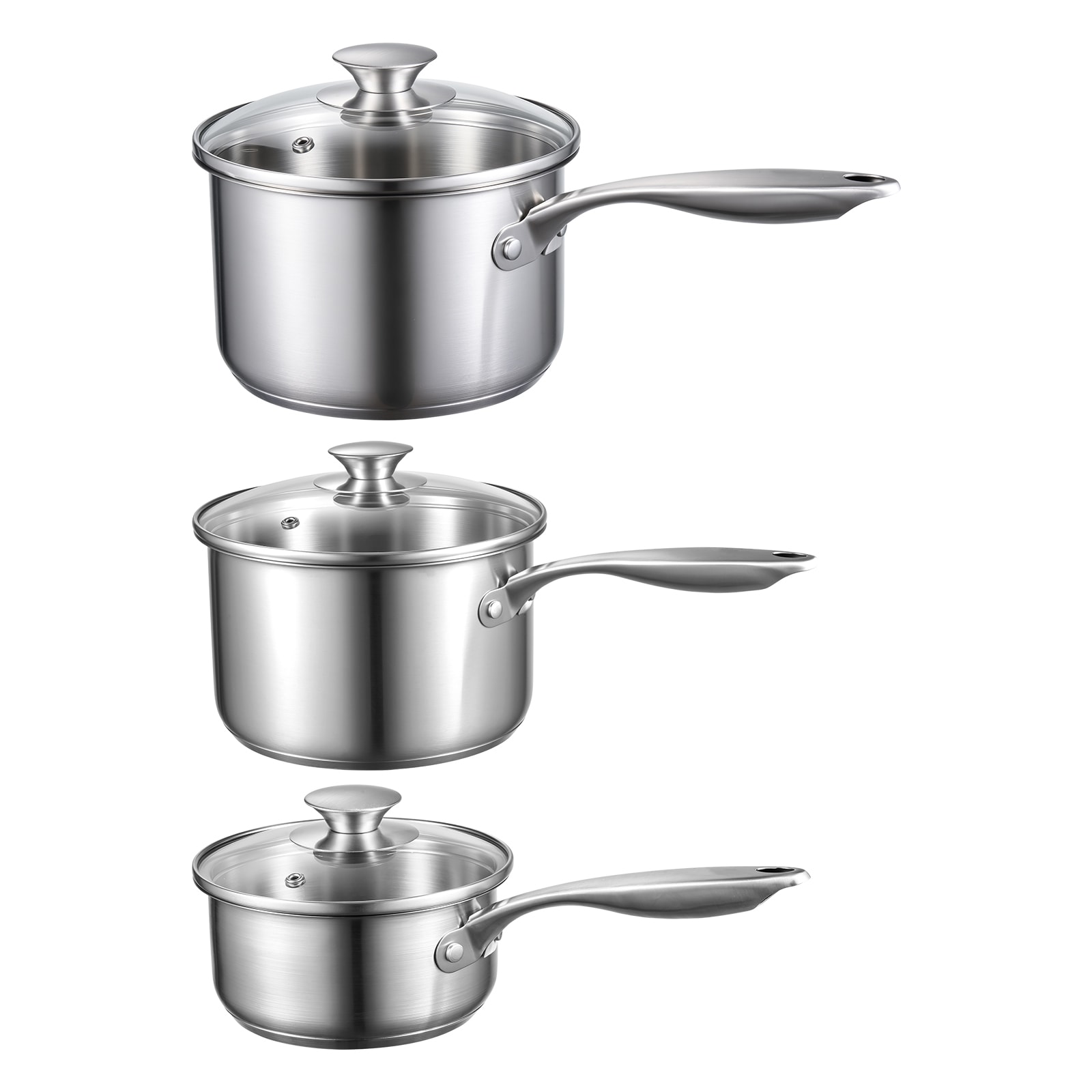 GIVIMO 3-Piece Stainless Steel Saucepan Set 1-qt 2-qt 3-qt Saucepans with Glass Lids and Tri-Ply Bottom Nonstick Coating-Free Sauce Pots Oven Dishwasher Induction Compatible #LW038GIVSS949