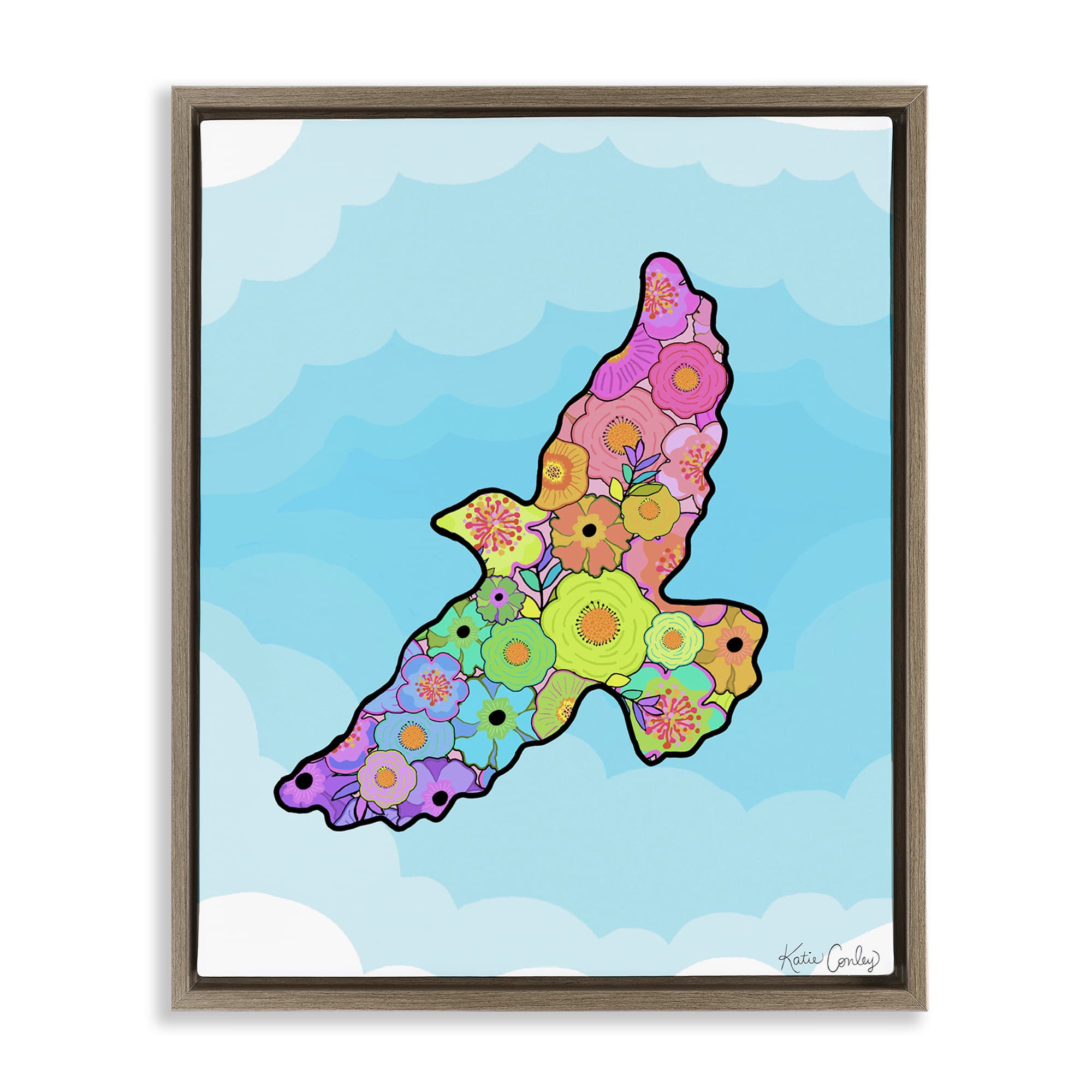 Stupell Industries BS-765-FFE-16X20 Bright Floral Bird Outline Brown Framed Floater Canvas Wall Art By Katie Conley 17 x 21