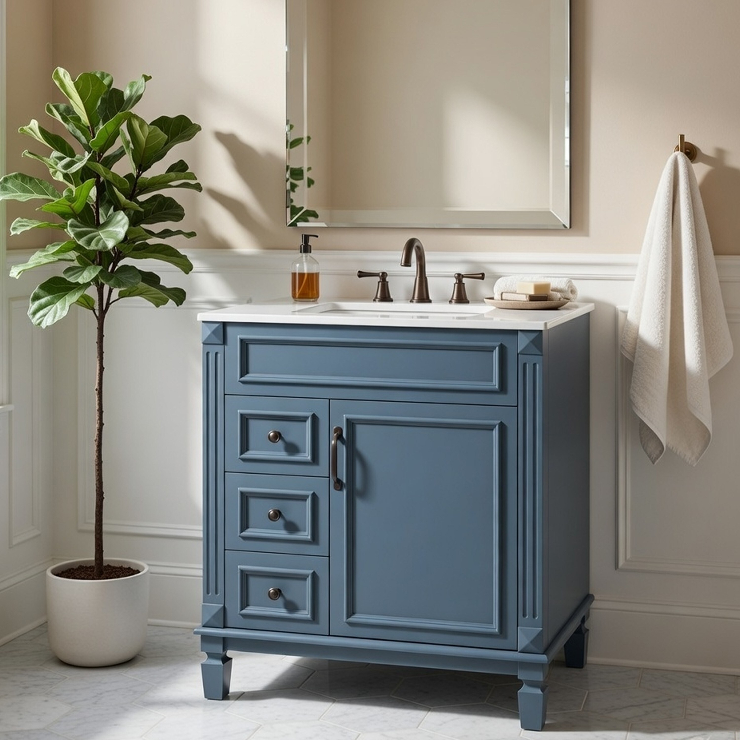 Benzara Castor Bathroom Vanity with Ceramic Sink Drawers and Shelf Blue 30 Inch