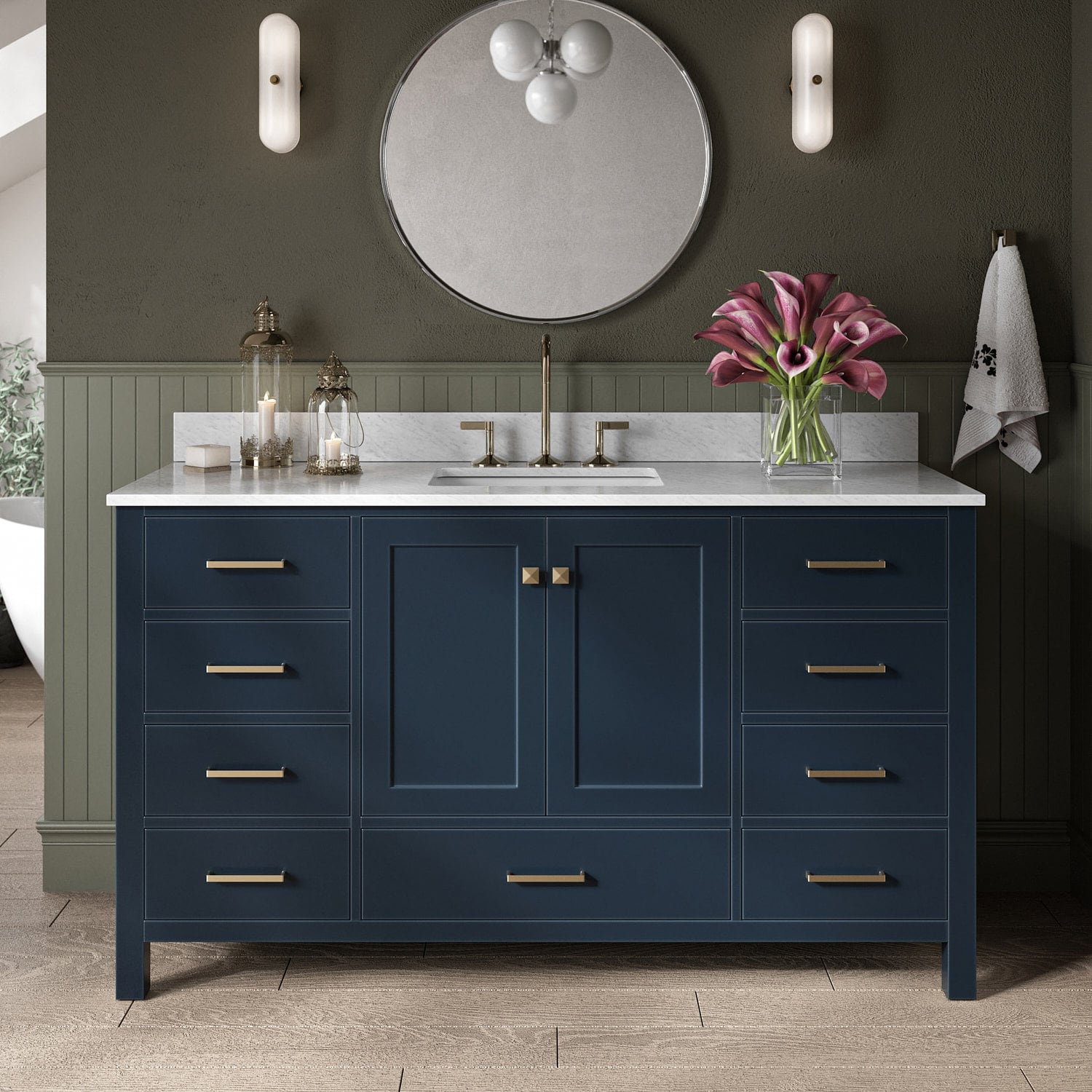ARIEL A061SCW2RVOMNB Cambridge 61-in Midnight Blue Undermount Single sink Bathroom Vanity with 0.75" Carrara White Marble Natural marble Top