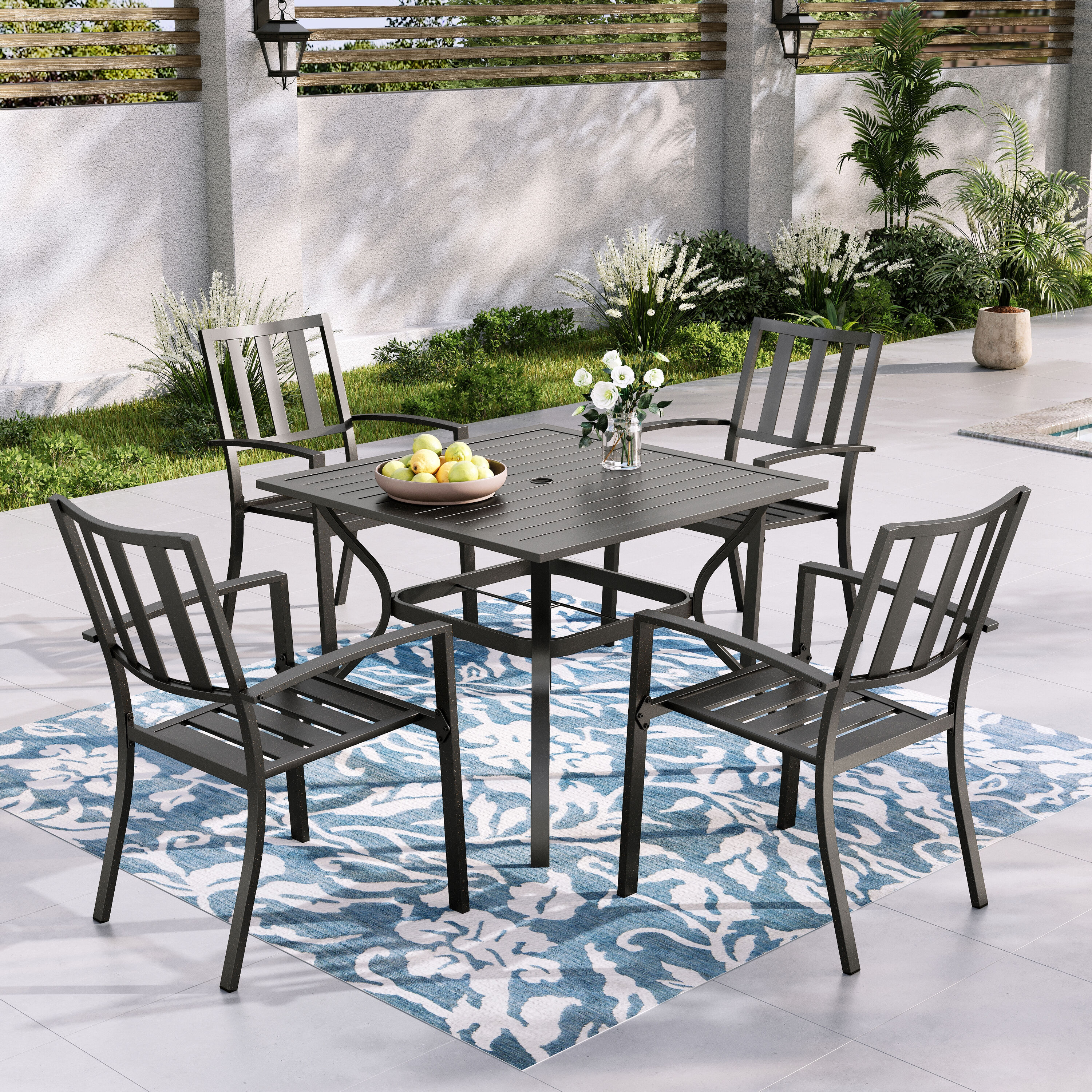 Sunshine Valley TC5-3501-01 Outdoor Table and Chairs 5 -Piece Black Patio Dining Set Steel Square Table with 4 Stackable Stationary Chairs