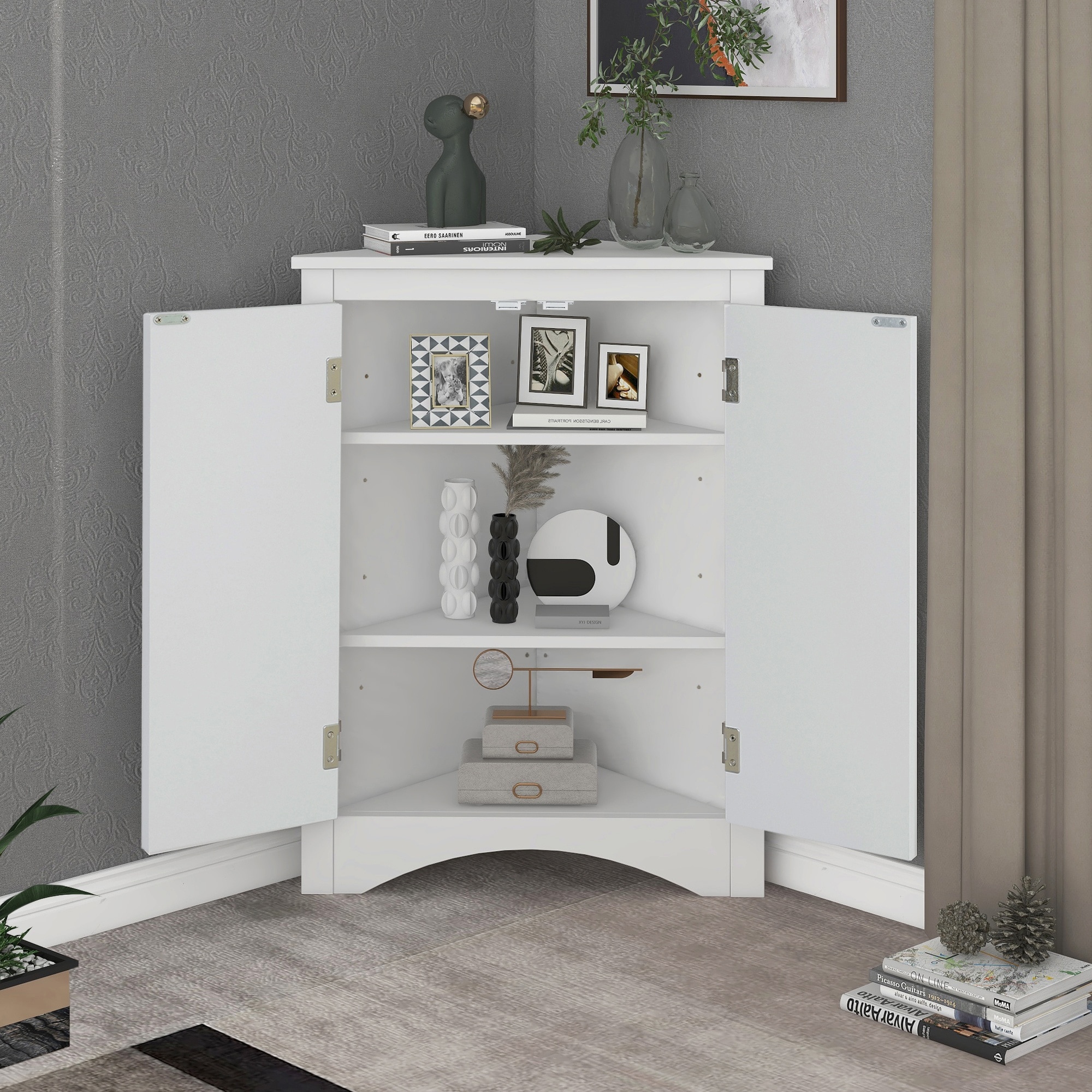 Vorene White Triangle Bathroom Corner Storage Cabinet with Adjustable Shelves Freestanding Floor Cabinet for Kitchen and Home