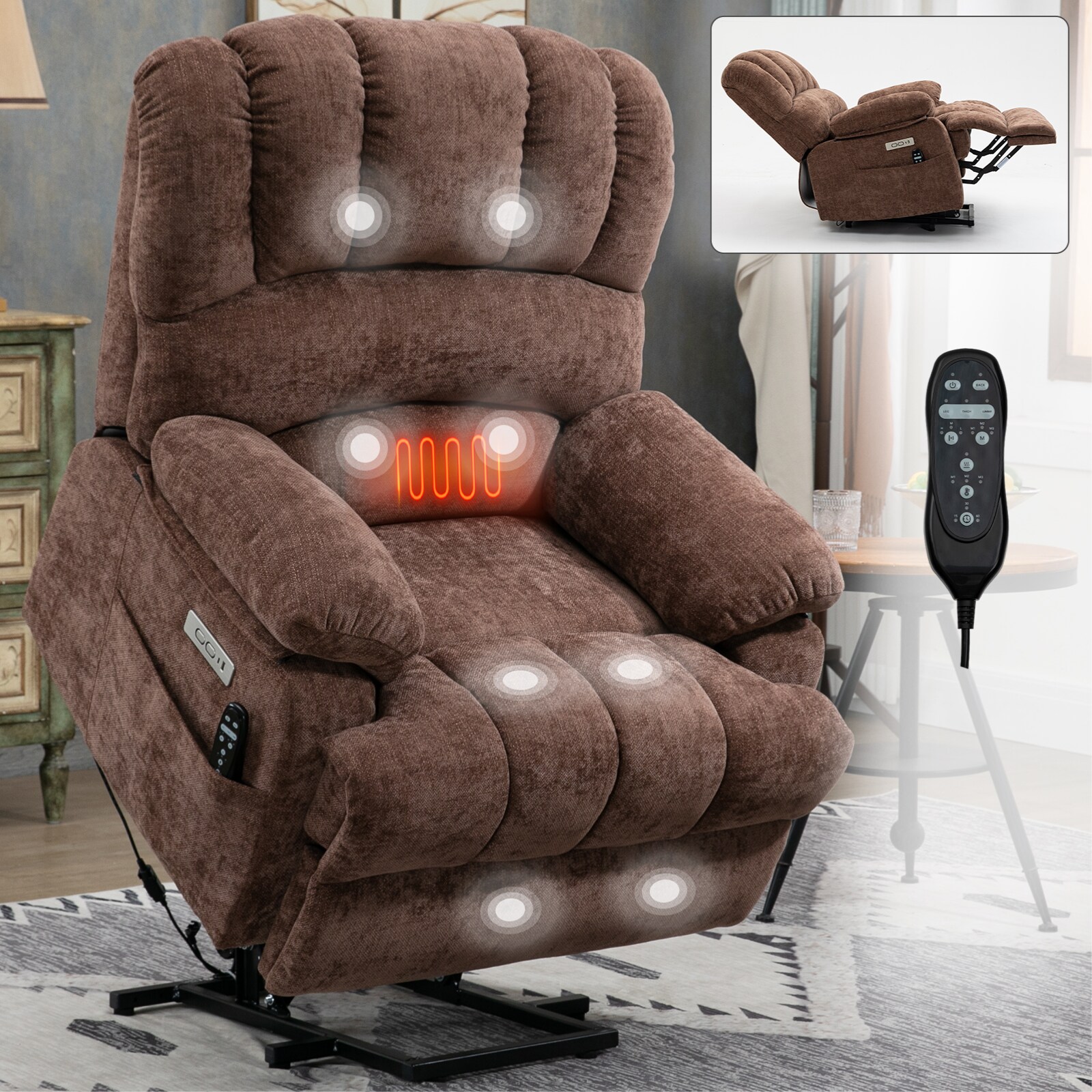 Mondawe Brown Chenille Upholstered Powered Reclining Massage Chair with ...