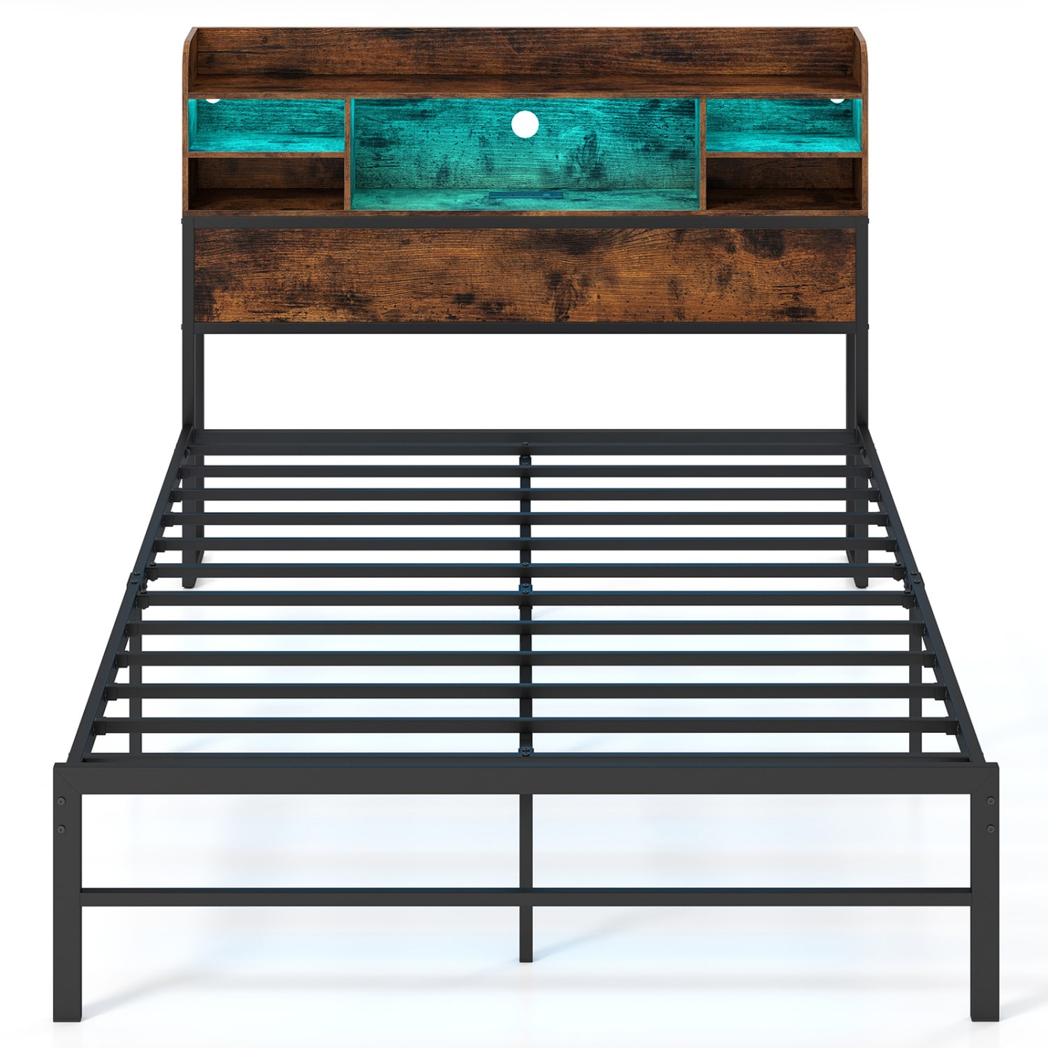 Slickblue - Rustic Brown and Black Full Size Metal Platform Bed Frame with RGB LED Lights Storage...