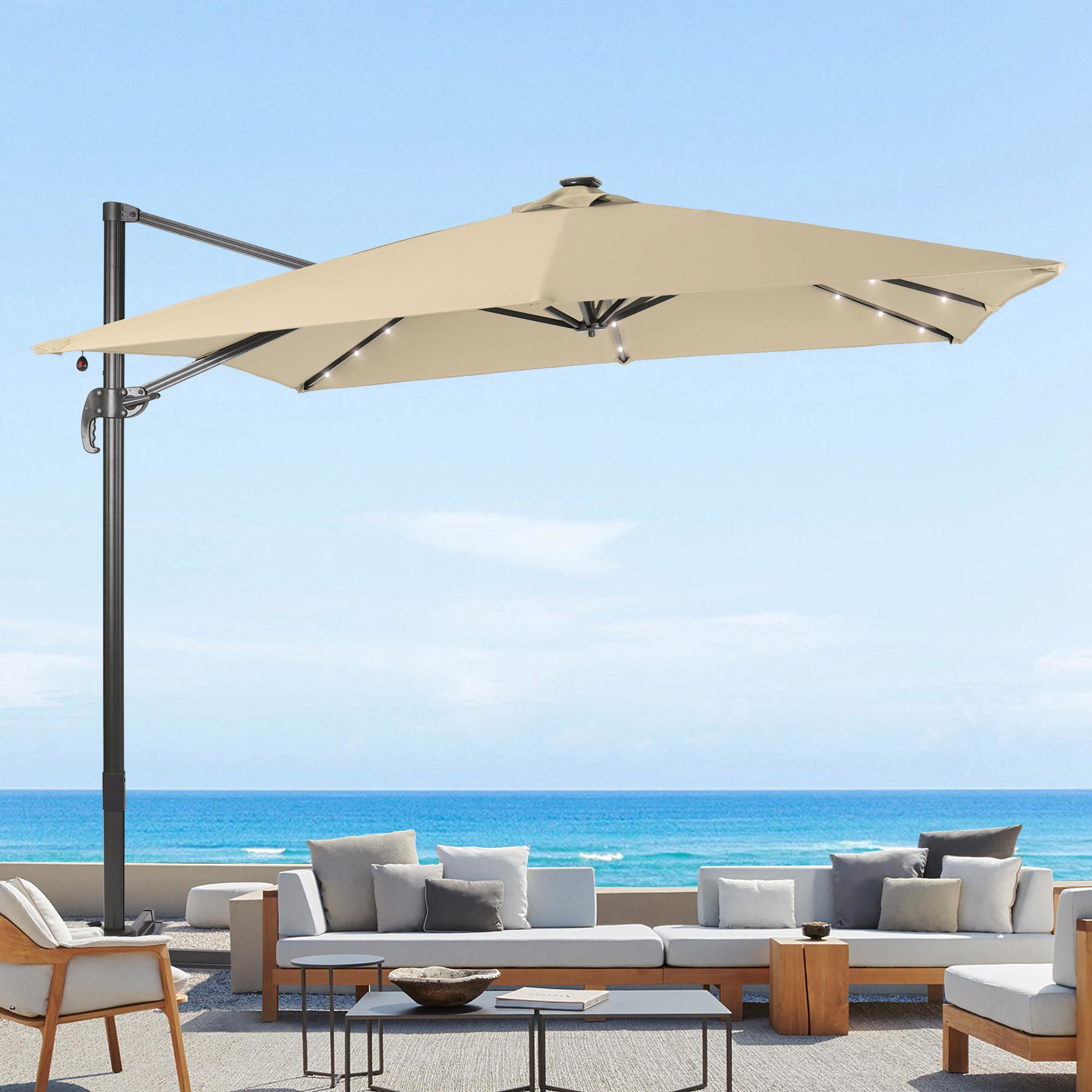 Sonkuki SD-MN99SD-LED 9-ft Aluminum Off-white No-tilt Cantilever Patio Umbrella with Lights