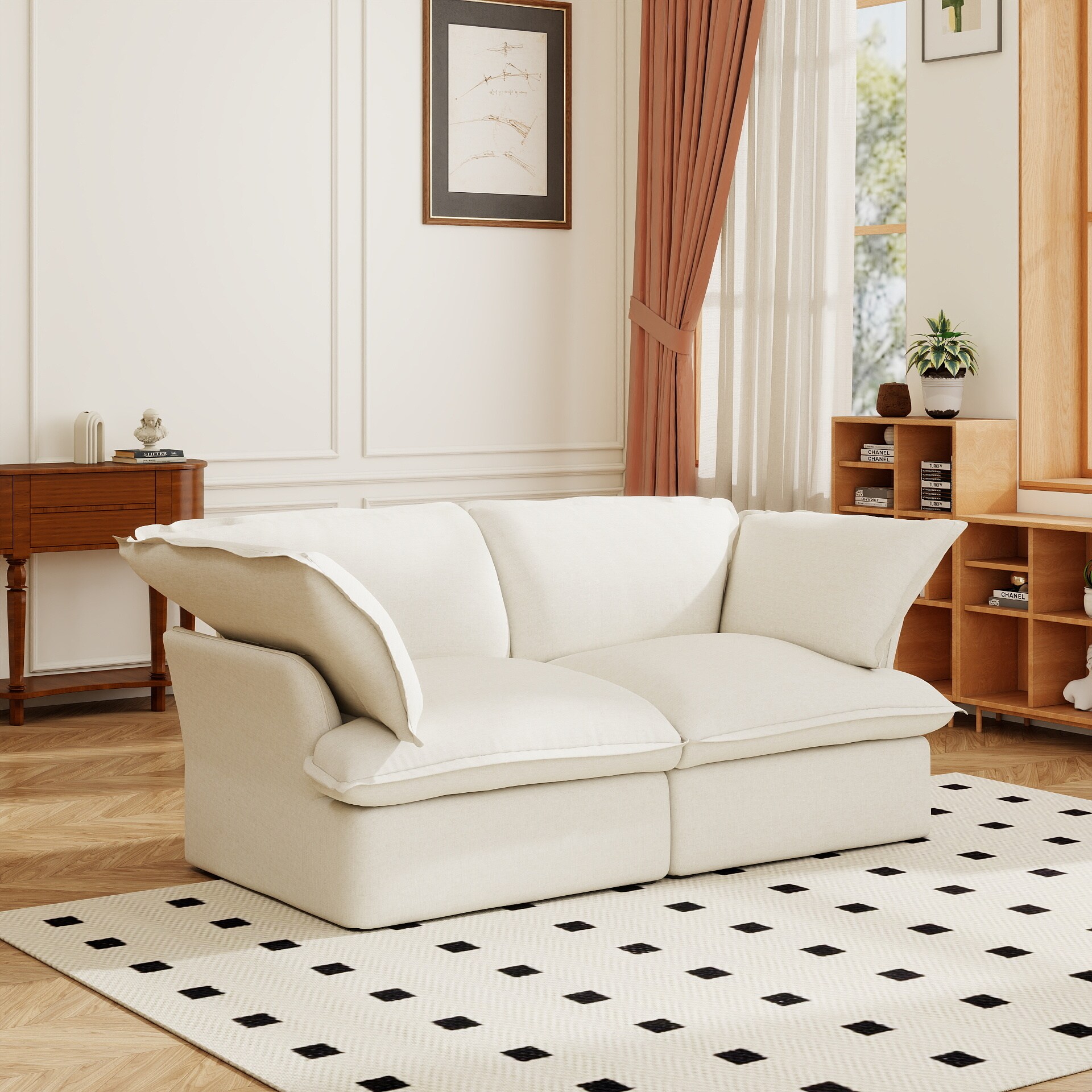 BuotiqHom DH-S2-120WE 82-in Modern White Linen 2 -seater Loveseat
