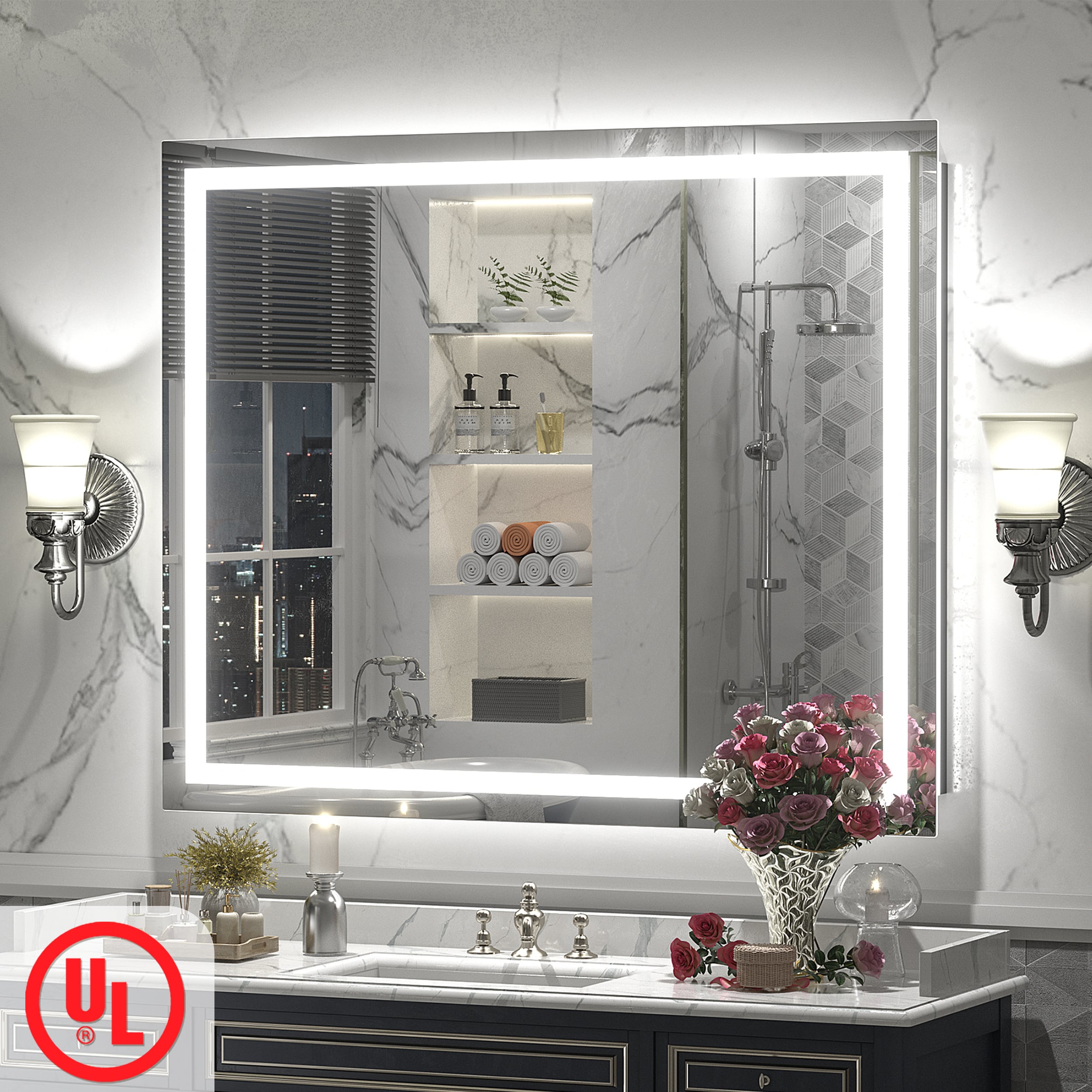 Apmir 44-in W x 36-in H UL Certified Front and Back LED Anti-Fog Stepless Dimmable 3-Color Lighting 3-Year Warranty Tempered Glass Bathroom Vanity Mirror