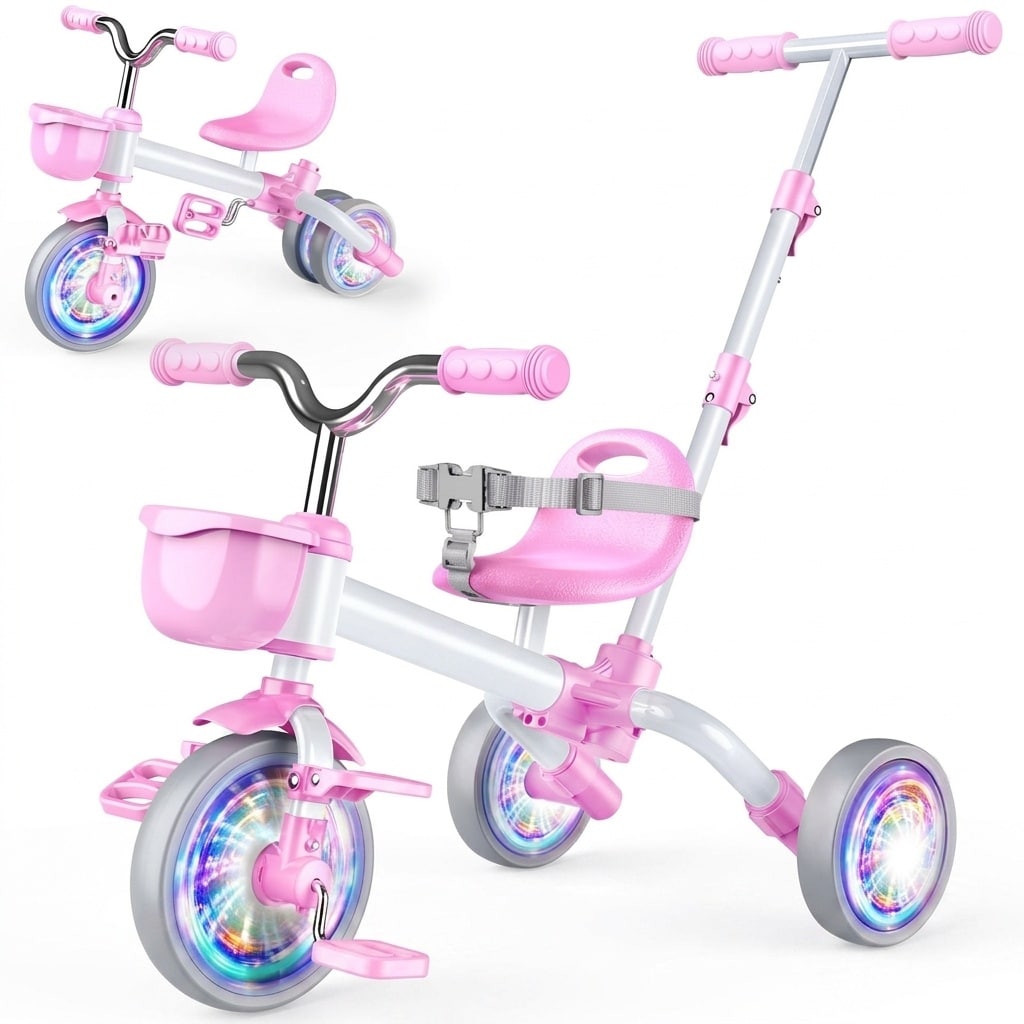 Etokfoks  5 in 1 Toddler Bike Girl Tricycle with Push Handle Balance Bike Light Up Wheels Detachable Pedal 4 Position Seat