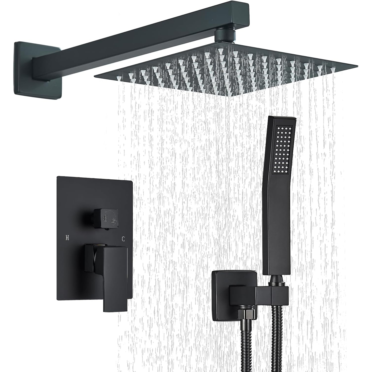 Afoxsos Matte Black Shower System Set 8 Inch Square Rain Shower Head Handheld Spray 14.5 in Brass Arm 59 in Hose Wall Mounted 1 Set