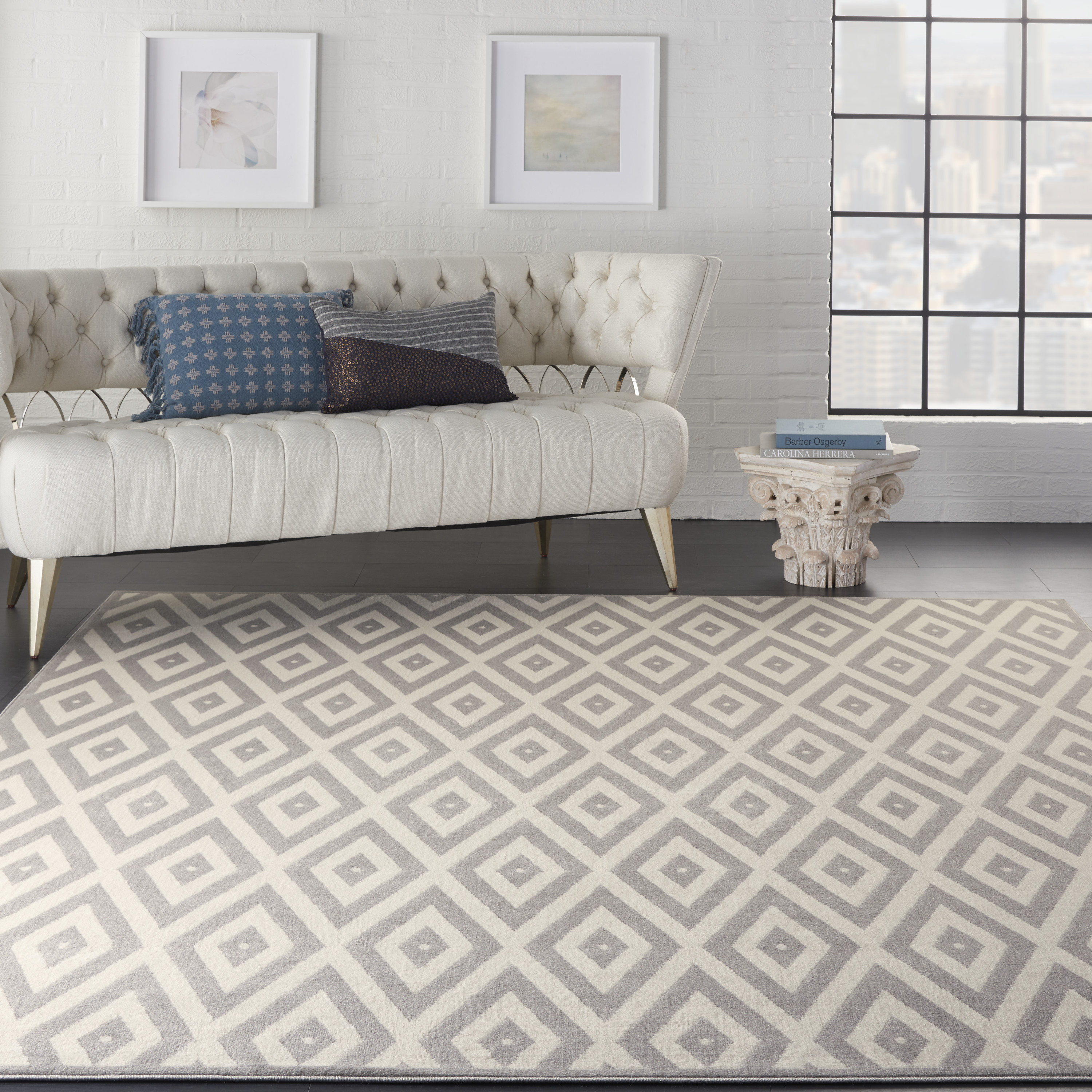 Nourison 99446411853 Grafix 7 x 9 (ft) Loomed Polypropylene White/grey Rectangular Indoor Abstract Area rug