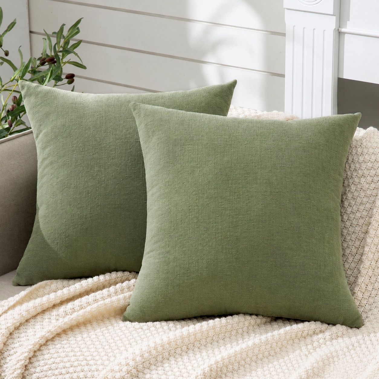 Phewnyzo  Sage Green Chenille Velvet Throw Pillow Covers Set of 2 18 x 18 Inch Soft Decorative Cushion Covers for Sofa Couch Bed Living Room