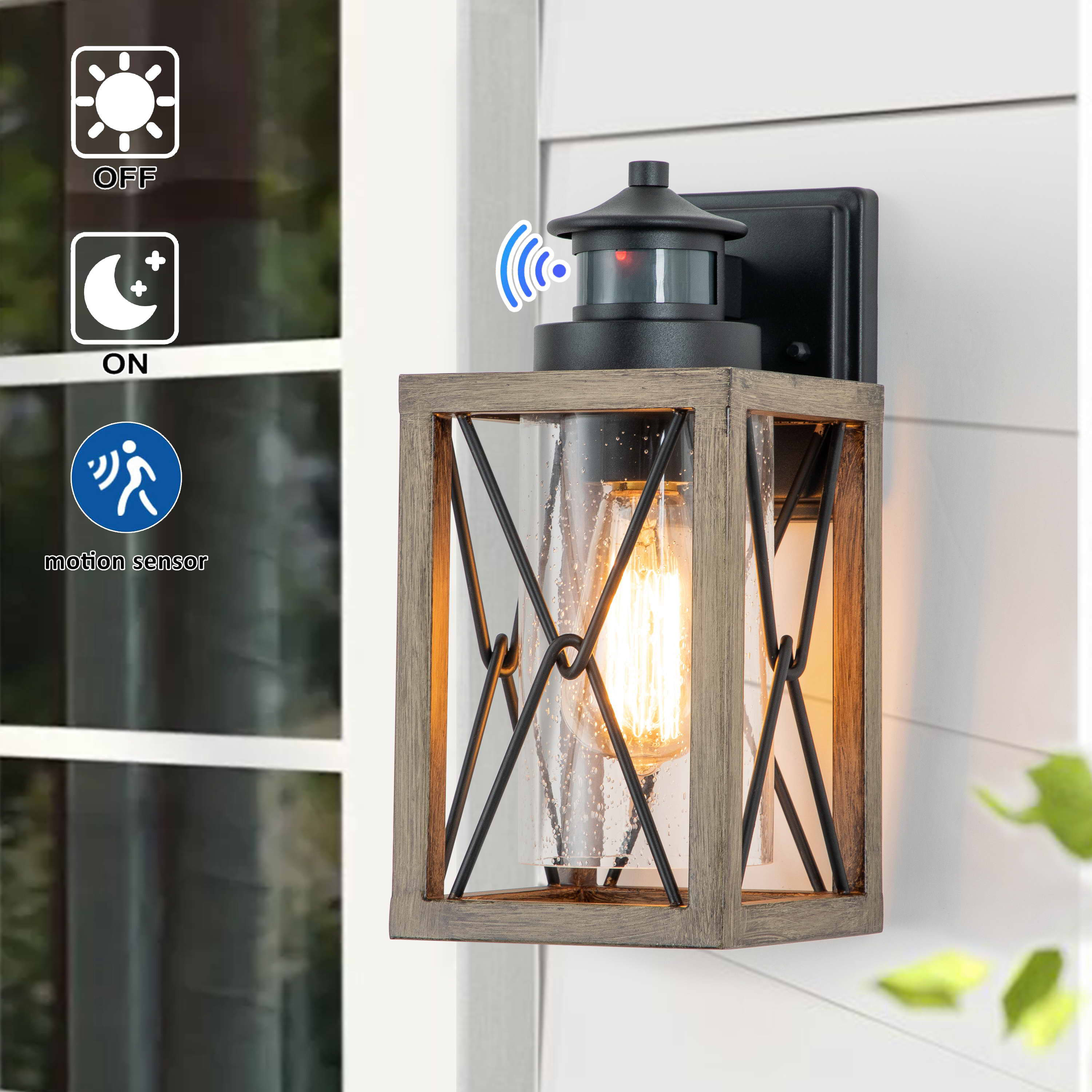 C Cattleya 11.75-in Black and Faux Wood Motion Sensor Outdoor Wall Light in the Outdoor Wall Lights department at Lowes.com
