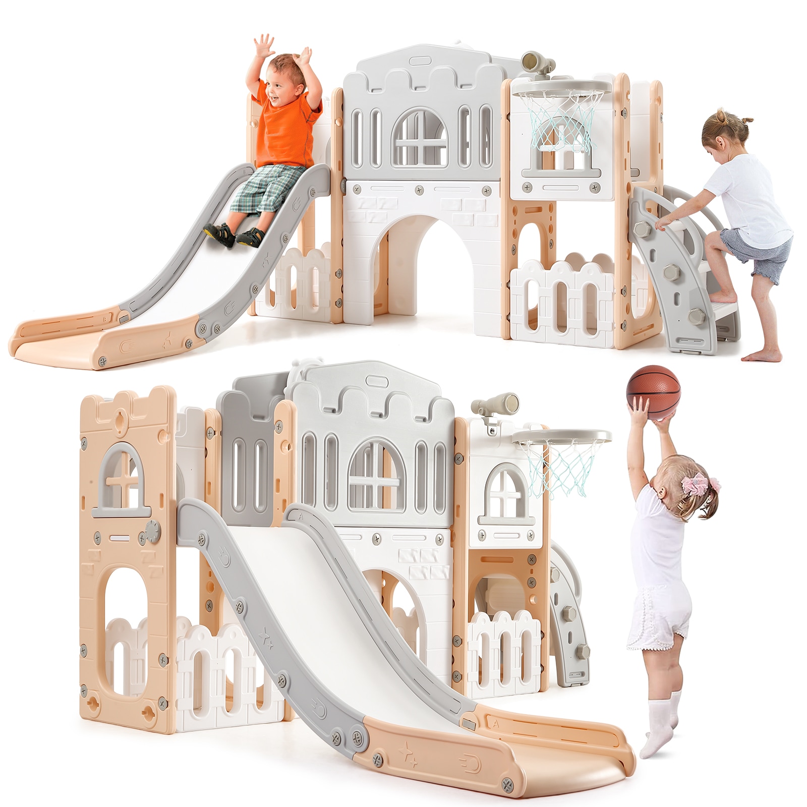 GarveeLife 8 in 1 Toddler Slide Set Freestanding Playground with Basketball Hoop Telescope Tunnel for Indoor Outdoor #C3H-HG0NEOXVYBS