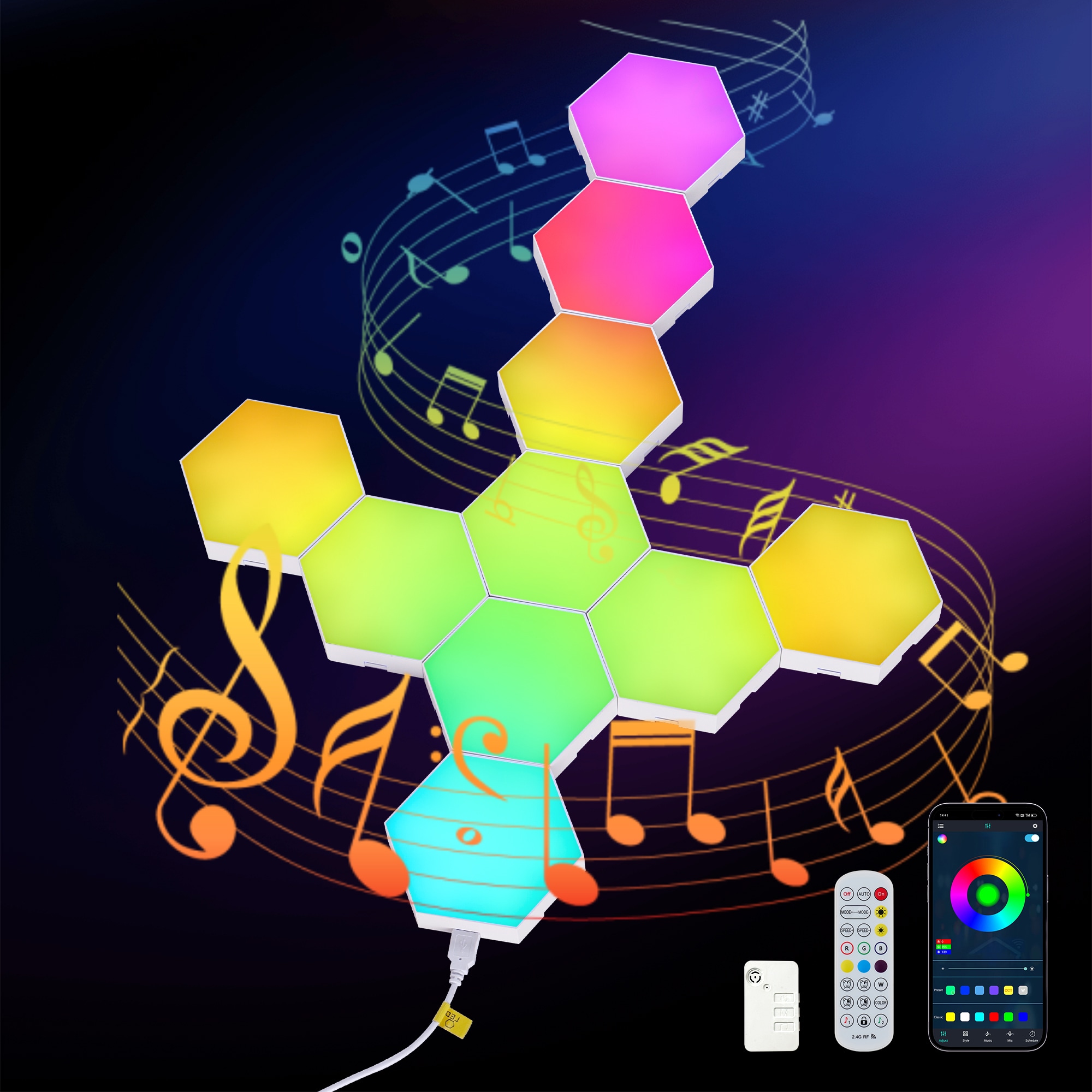 GDFStudio Hexagon Lights 10 Pack LED Wall Panels RGB Gaming Lights with APP Smart Modular Panel