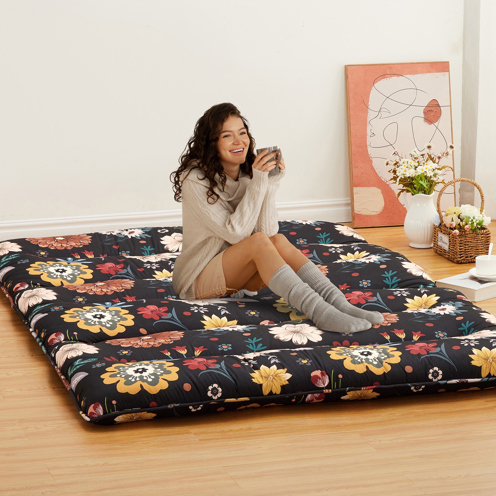 GarveeLife Japanese Futon Floor Mattress 3 in Thick Floral Tatami Mat Foldable Portable Sleeping Mattress Modern Floor Bed for Living Room Guest Room