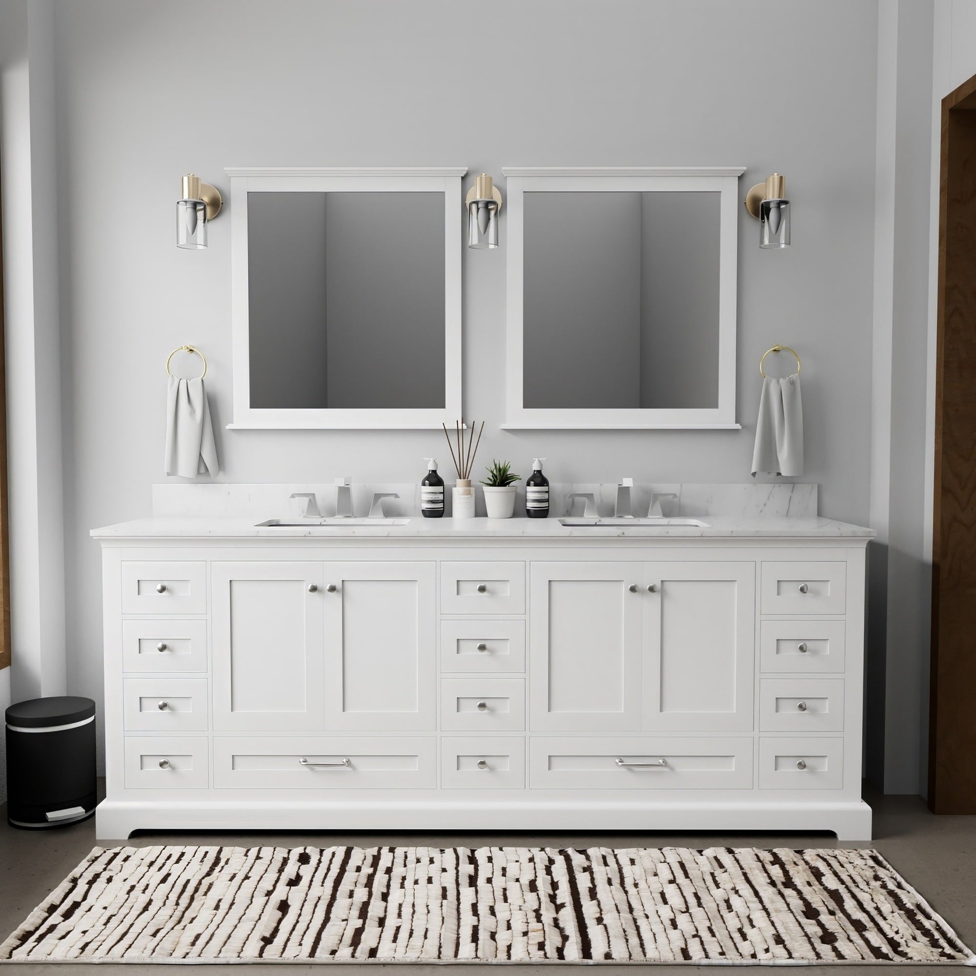 IAK 84 inch x 22 inch White Carrara Marble Top Double Bathroom Vanity with Soft Close Doors and Drawers