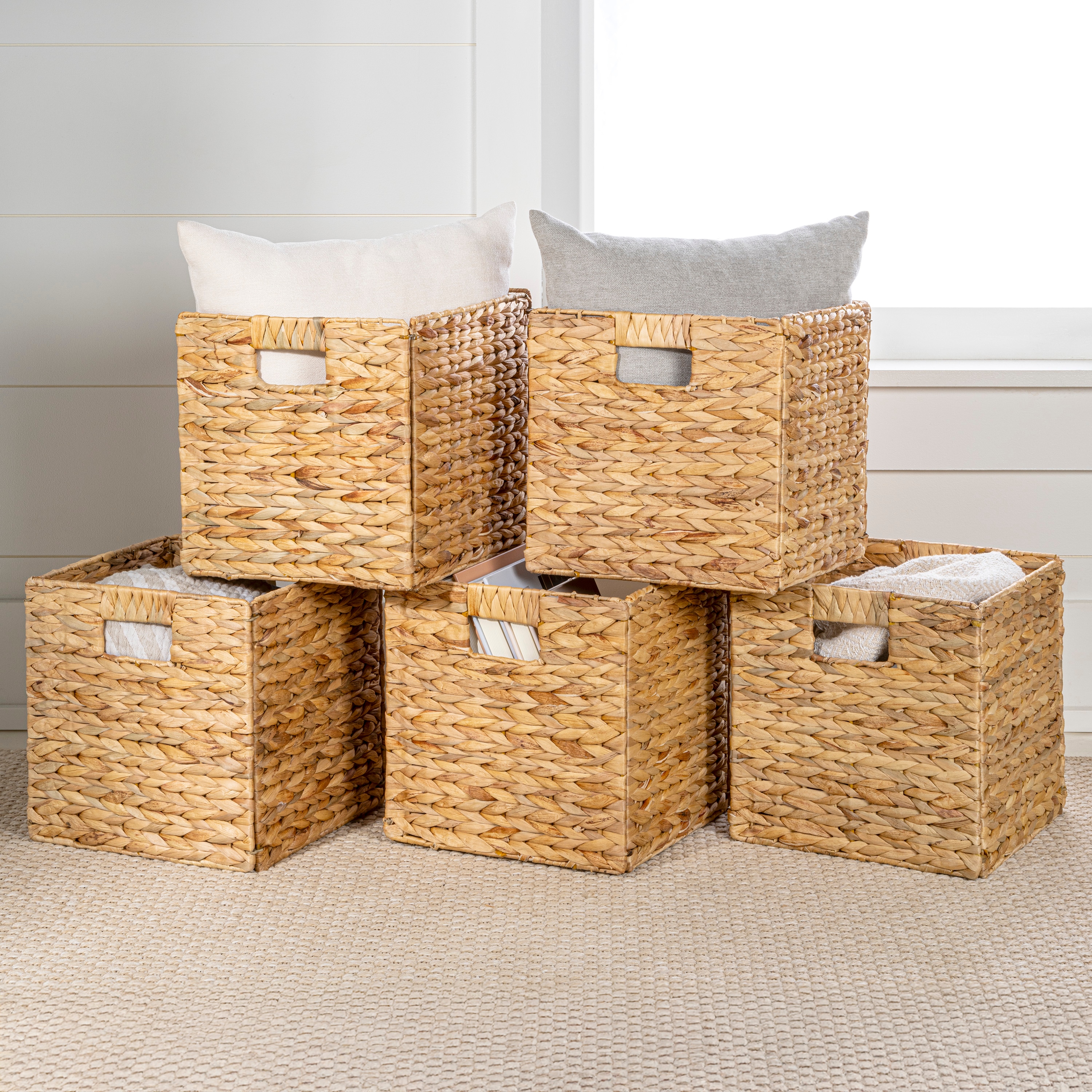 happimess BSK2004A-SET5 5 -Pack Bryce Farmhouse Handwoven Storage Cube ( 10.63-in W x 10.63-in H x 10.63-in D ) Natural Water hyacinth Collapsible Stackable Basket