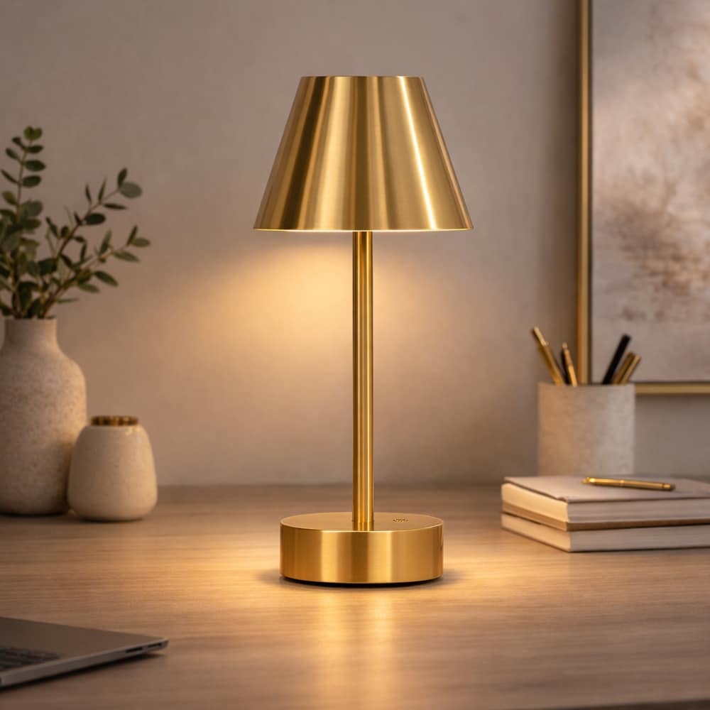 Ropilly  rechargeable LED table lamp plated brass touch switch lamp mid century modern gold 10 inch