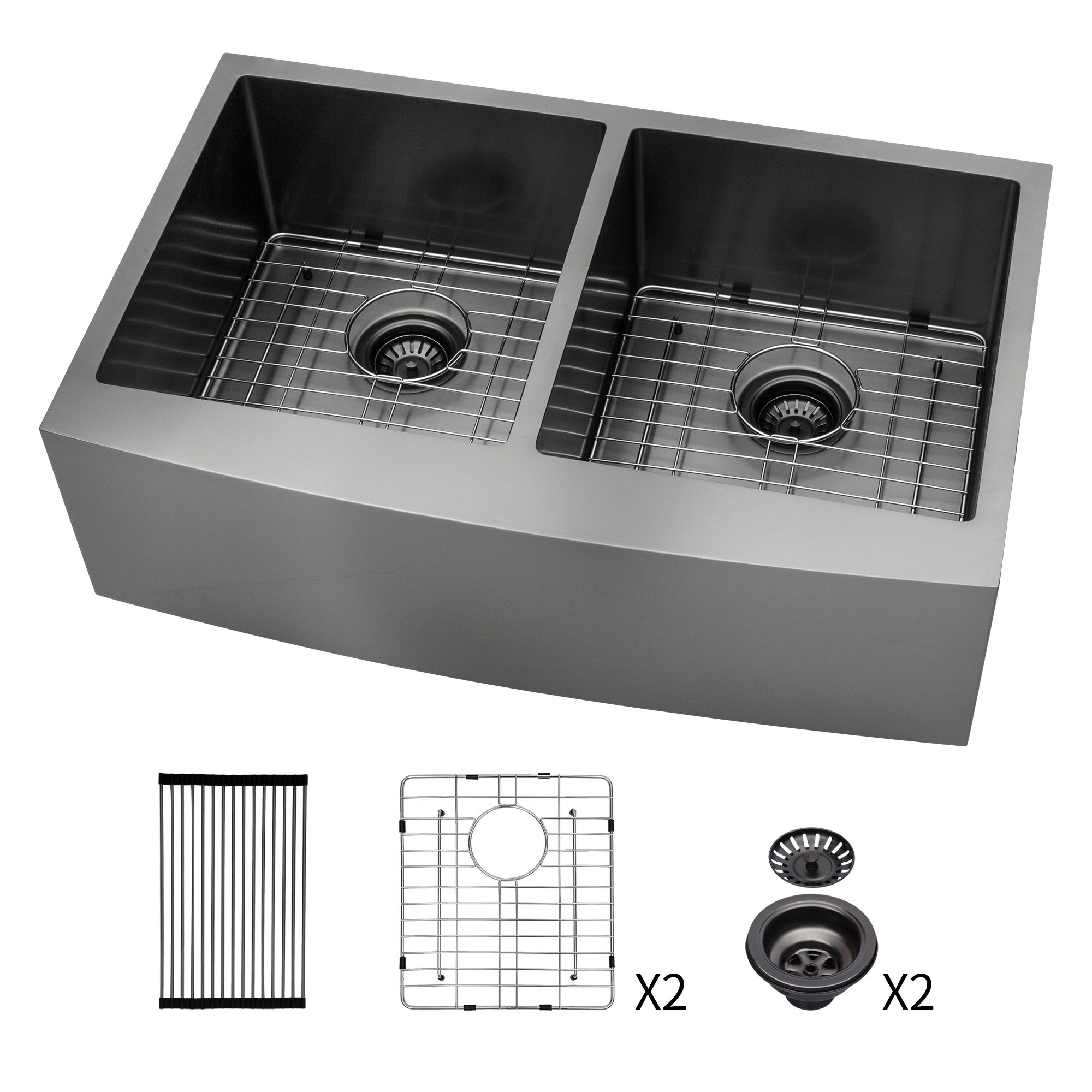 Tatayosi Gunmetal Black Double Bowl (50/50) Farmhouse Sink- 36x21x10 InchStainless Steel Apron Front Kitchen Sink 16 Gauge with Two 10 Inch Deep Basin