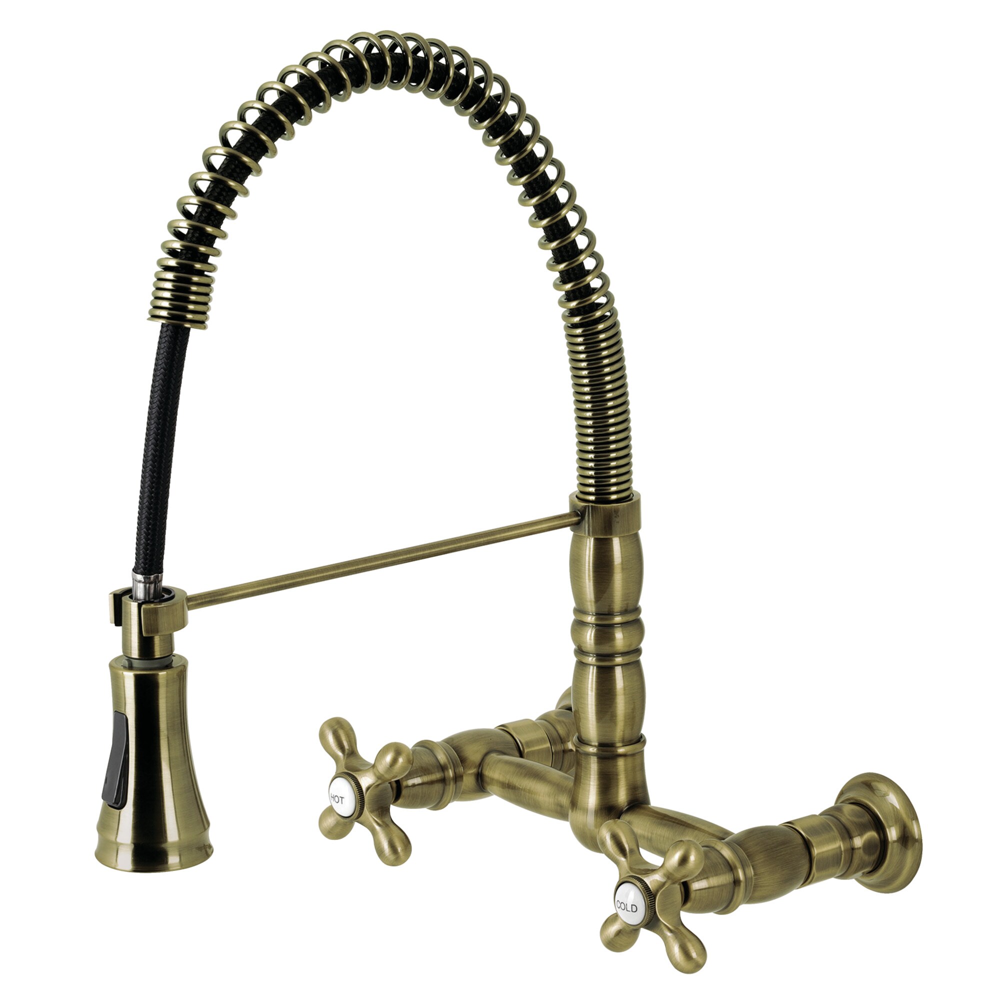 Kingston Brass WLGS1243AX Heritage Antique brass Double Handle Wall-mount Pre-rinse Kitchen Faucet with Sprayer