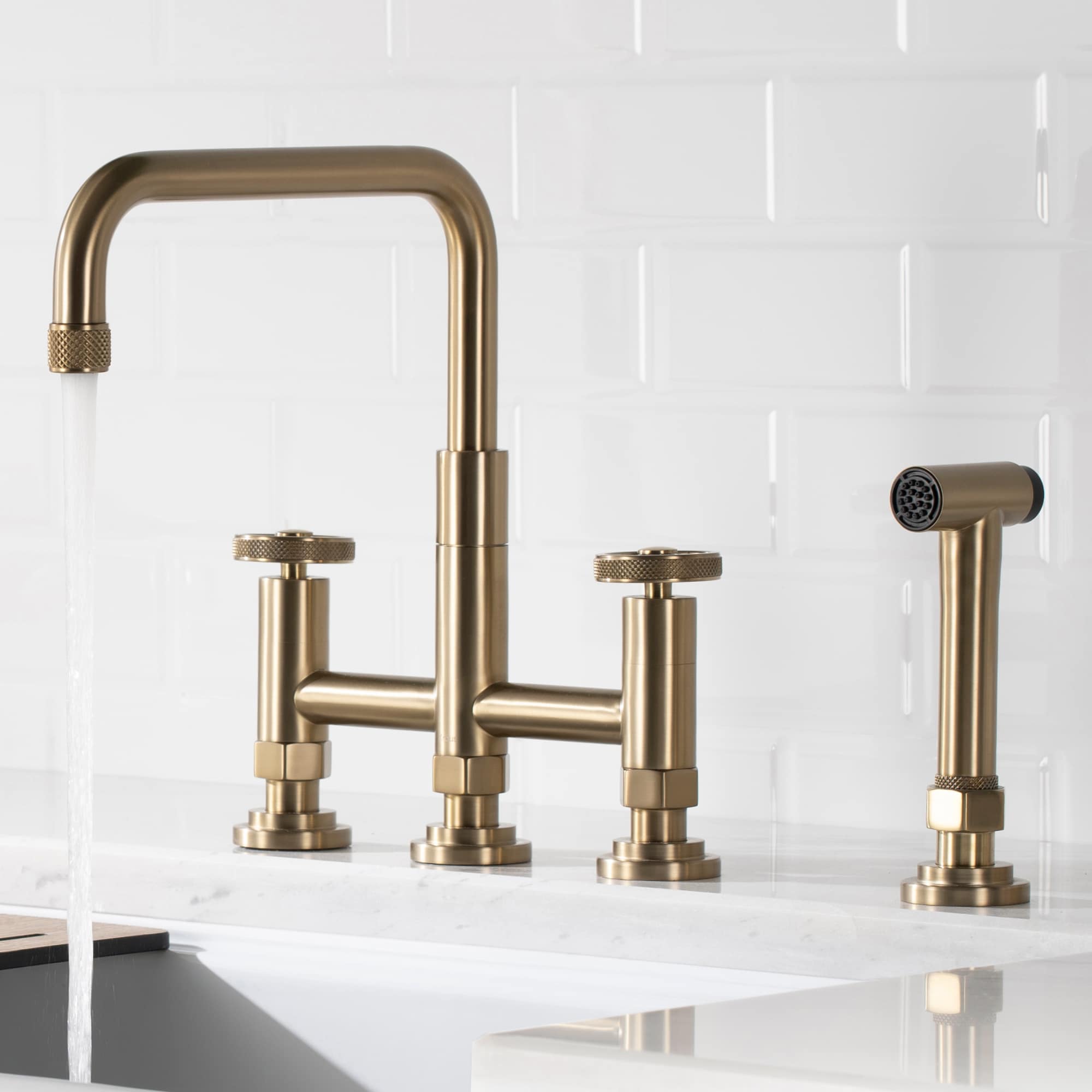 Urbix Brushed Gold Stainless Steel Bridge Faucet with Side Sprayer
