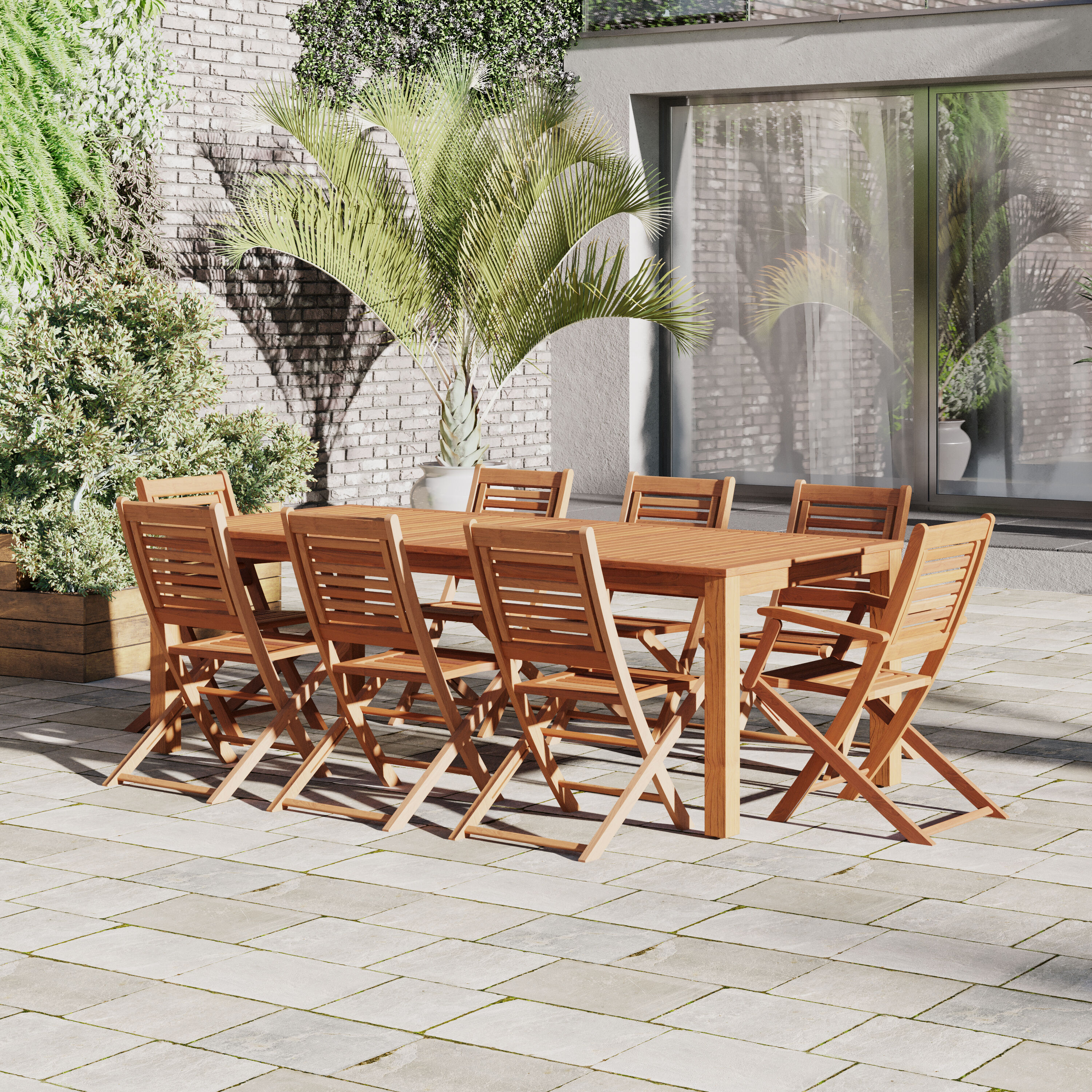 Amazonia SINGAREC6CANNWH  9 -Piece Natural Patio Dining Set Wood Rectangle Table with 6 Stationary Chairs