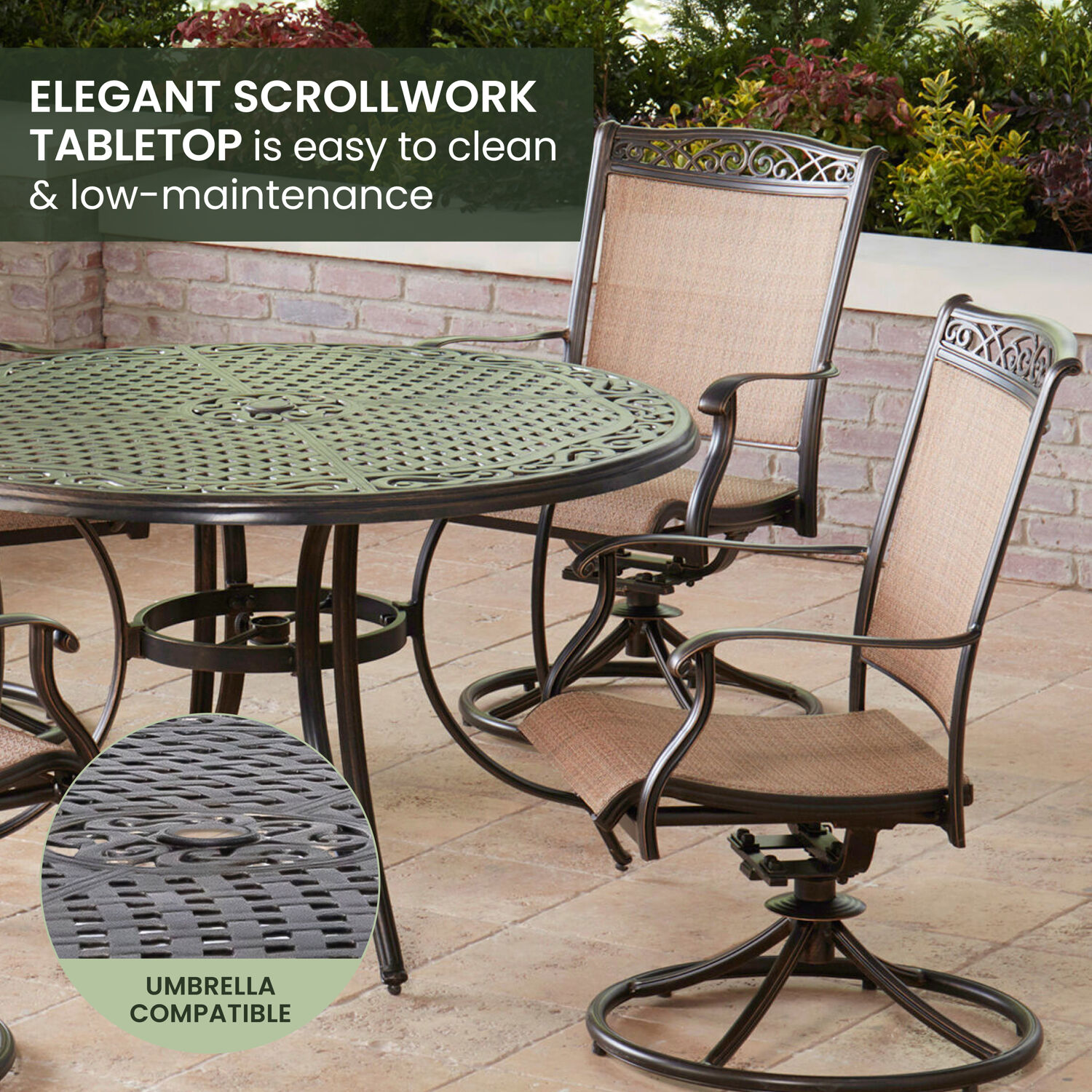 Fontana Bronze 48" Round Cast-Top Table with Tan Sling Swivel Chairs
