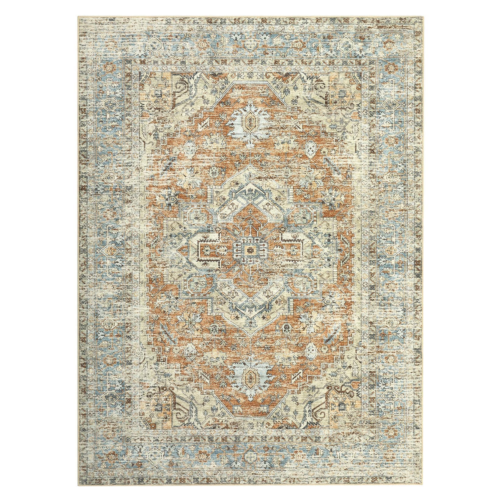 Qeetex LSN-PHO-0ZTBACIB 3 x 5 ft Polyester Orange Rectangular Hallway Bathroom Entryway Kitchen Office Foldable Flower Printed Persian Washable Area Rug