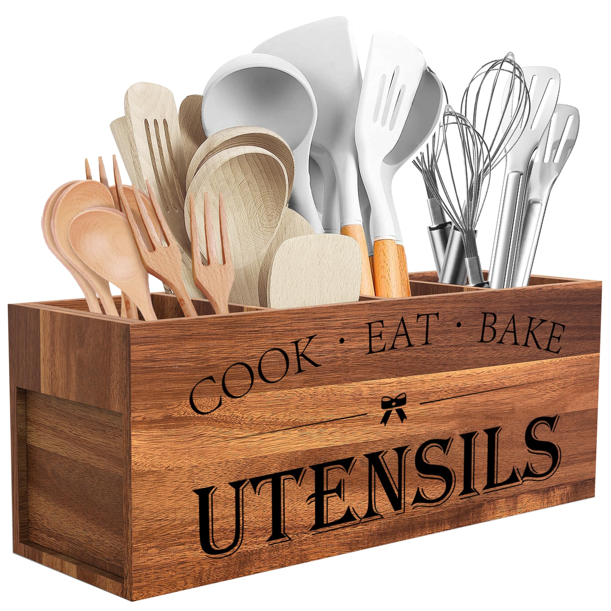 Anqtovp  Acacia Wood Utensil Holder for Kitchen Counter with Four Compartments Large Rectangular Wooden Caddy Organizer for Cooking Tools and