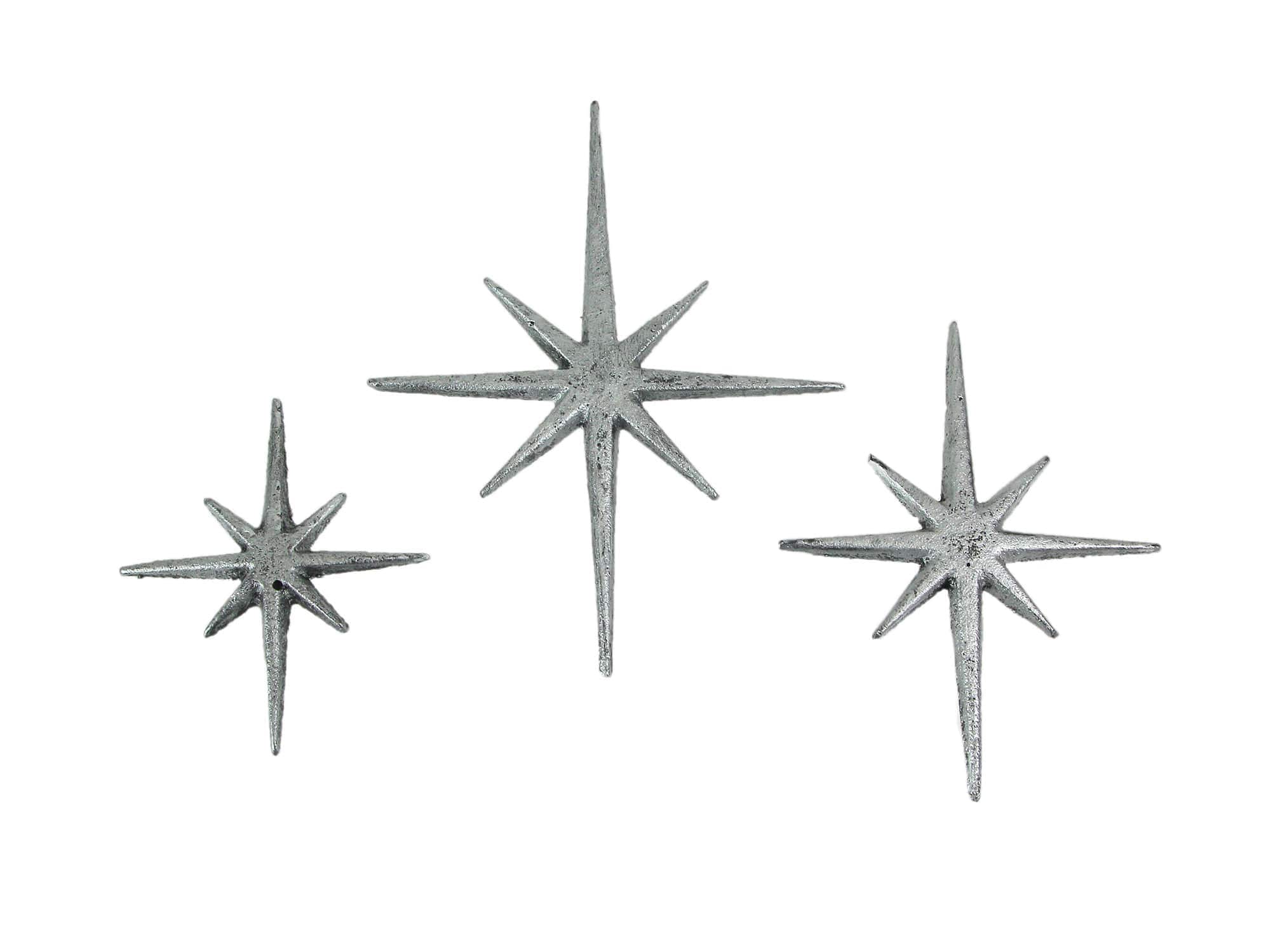 Zeckos ZKO-99079 Set of 3 Silver Finish Cast Iron 8-Pointed Atomic Starburst Wall Hangings Mid Century Modern Decor Stars: 8-- 6-- and 5-Inches High - Stylish Retro Accents