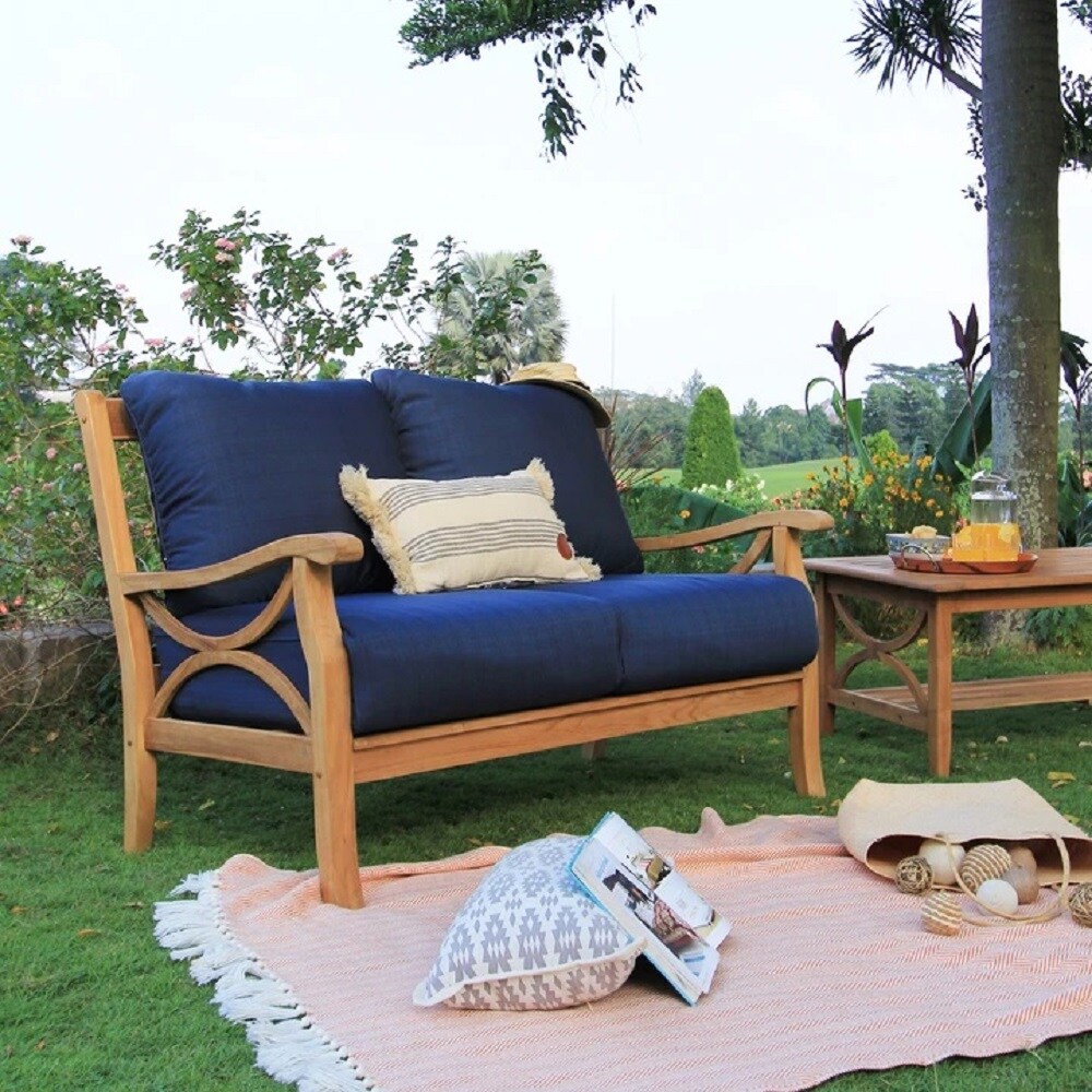 Cambridge Casual Chester Outdoor Loveseat with Navy Cushions and Teak Frame in the Patio Sectionals Sofas department at Lowes