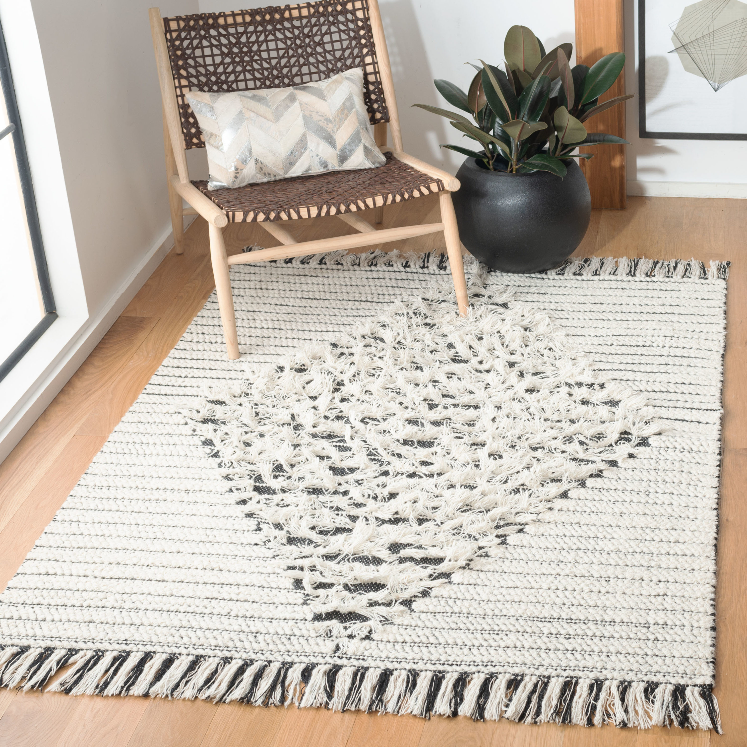 Handwoven Black and Ivory Abstract Wool Square Rug 6' x 6'