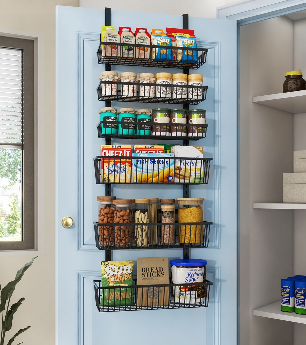 LAIFUCAM  Over The Door Pantry Organizer Pantry Organization and Storage 6 Tier Deep Baskets Hanging Heavy Duty Metal Wall Spice Rack Seasoning