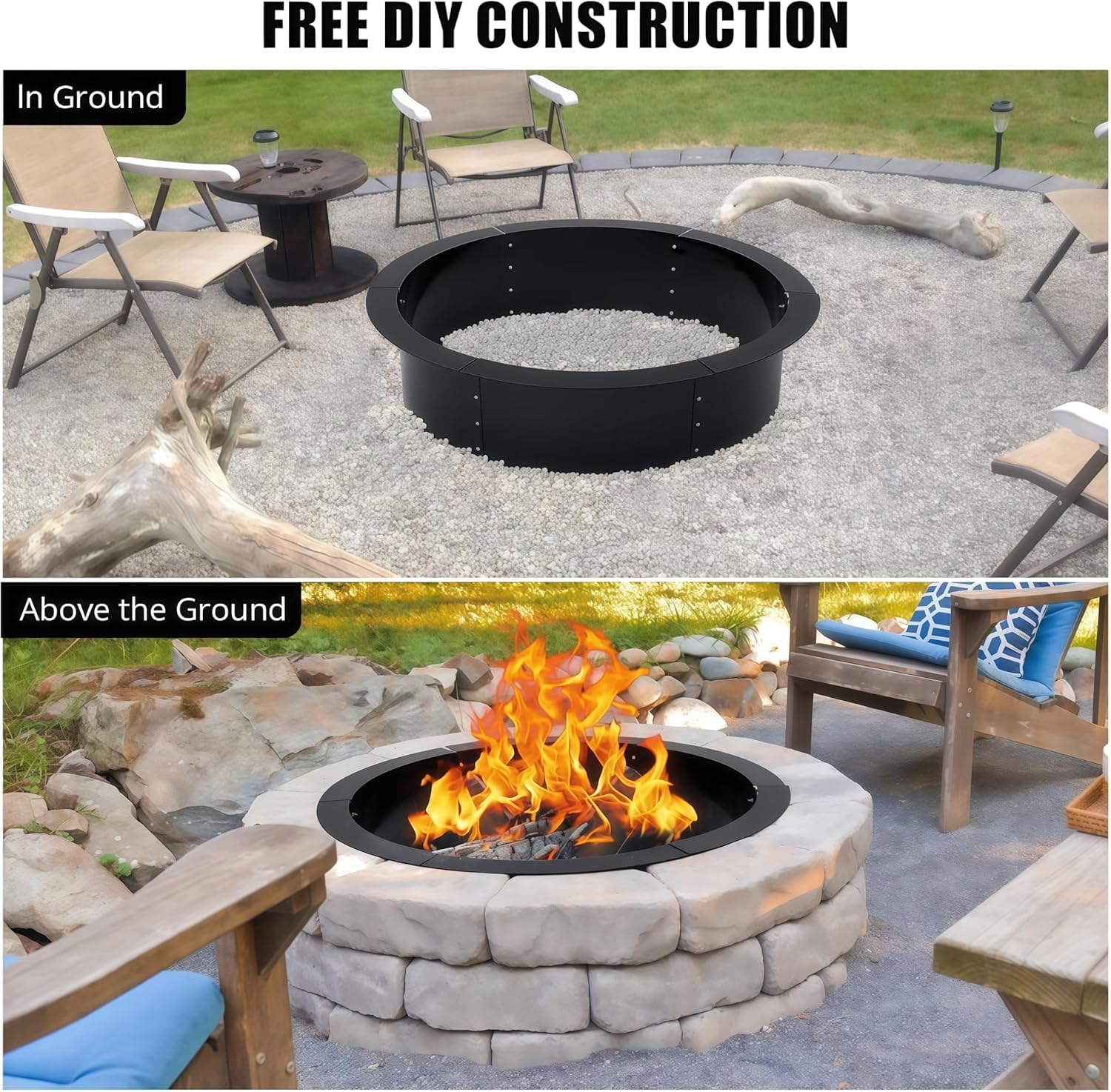 GAOMON 60in Smokeless Fire Pit Ring Insert Heavy Duty Steel DIY Round ...