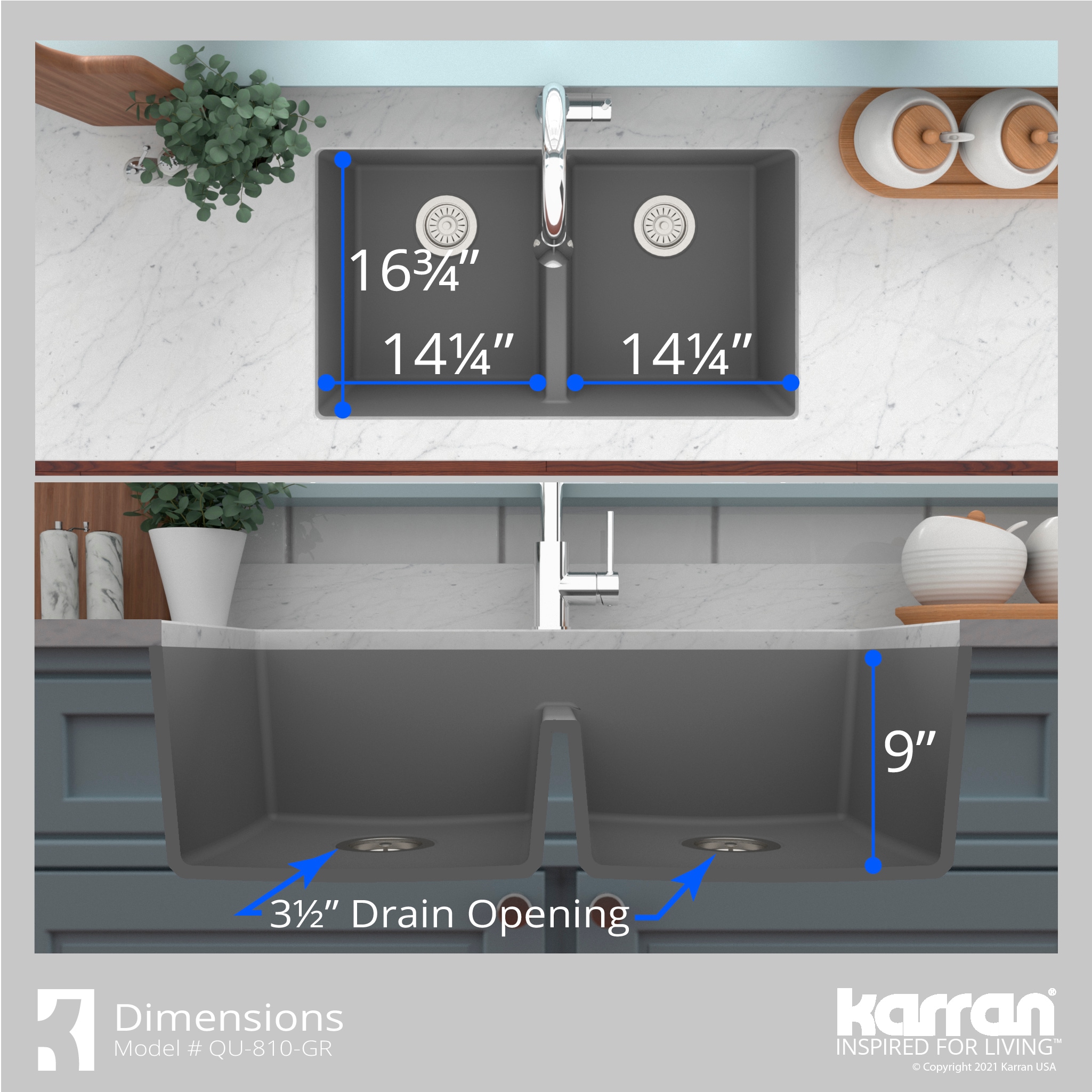 Karran Undermount 32-in x 19.5-in Grey Quartz Double Equal Bowl Kitchen ...