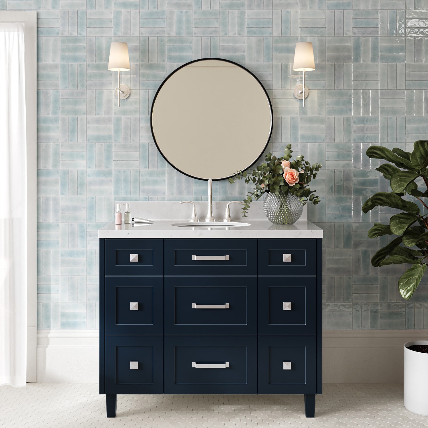 ARIEL - Monroe 42-in Midnight Blue Undermount Single Sink Bathroom Vanity with Carrara White Quar...