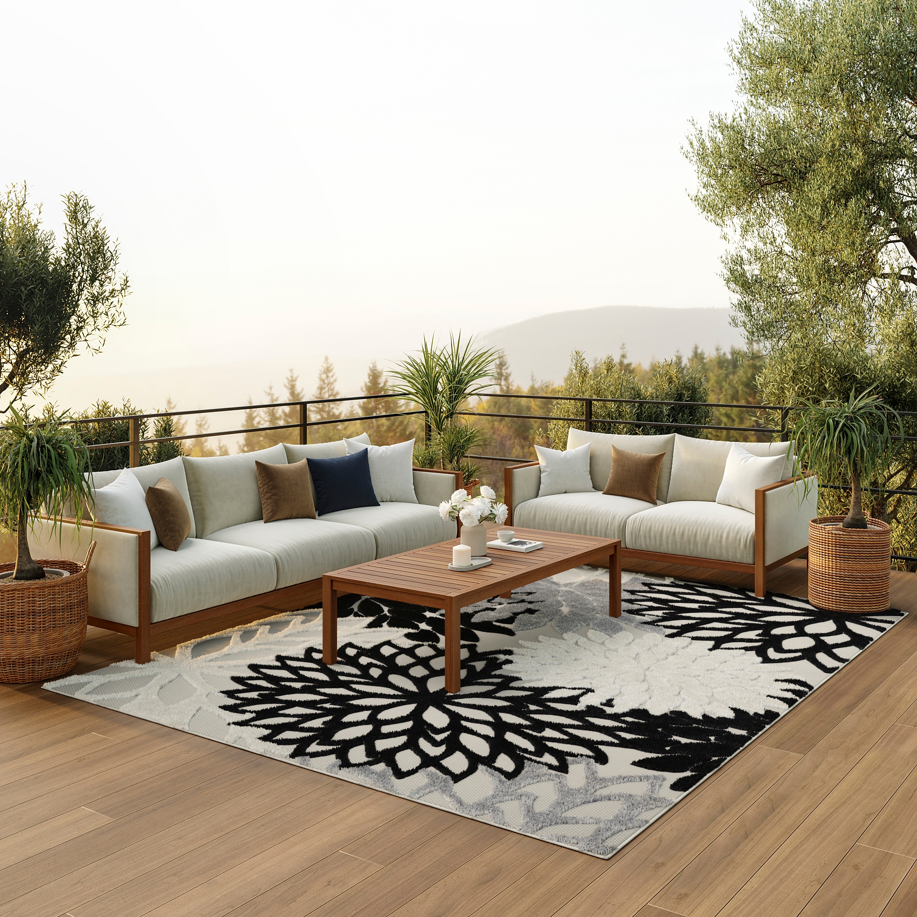 Nourison 99446829559 Aloha 12 x 15 (ft) Loomed Polypropylene Black White Rectangular Indoor/Outdoor Floral/Botanical Tropical Area rug