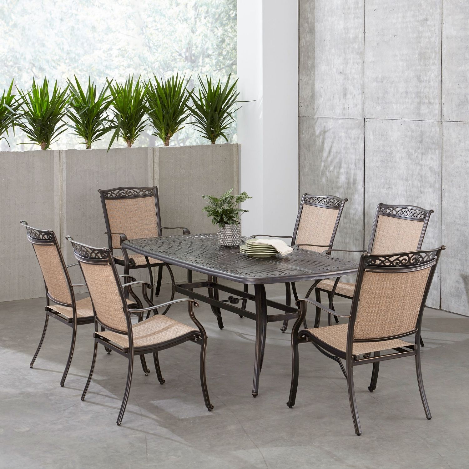 Hanover FNTDN7PCC Fontana 7 -Piece Bronze Patio Dining Set Aluminum Rectangle Table with 6 Tan Stationary Chairs