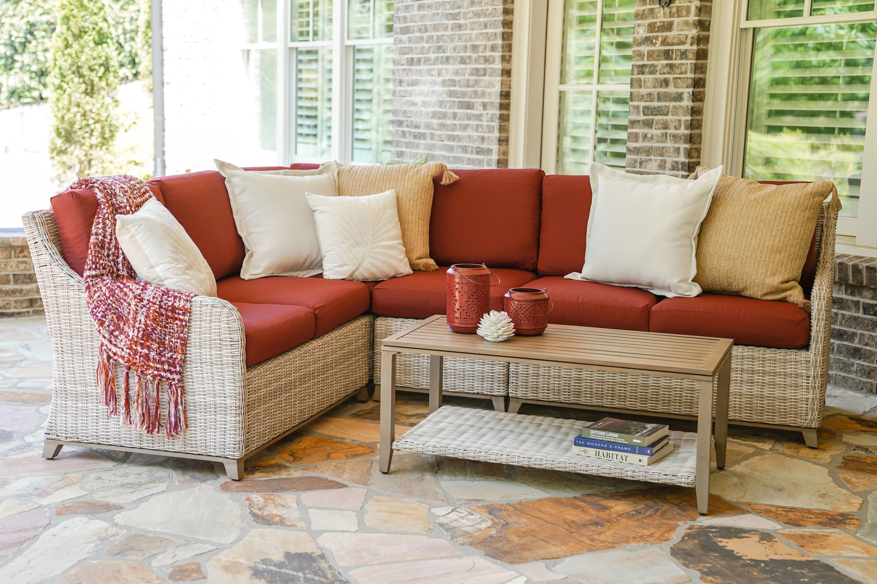 Leisure Made 483729-RED Hampton Wicker Outdoor Sectional with Red Cushions and Aluminum Frame