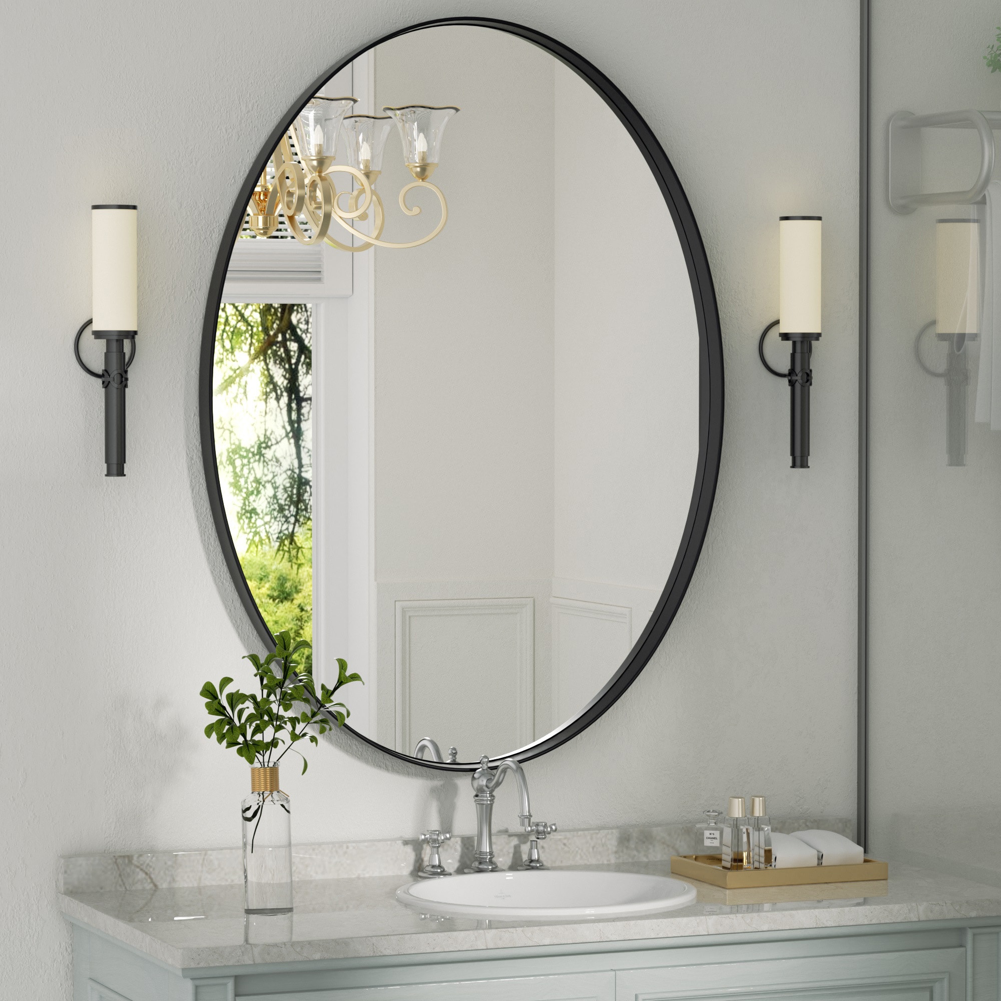 Clavie LS-22301-OBL Bathroom Mirrors Wall Mirrors Accent Mirrors 22-in W x 30.0-in H Oval Black Framed Wall Mirror