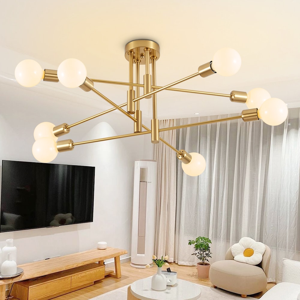 Lanmate  8 Light Gold Chandelier Ceiling Light Fixture for Living Room Dining Room Kitchen Modern Sputnik Linear Chandelier 29.3-in