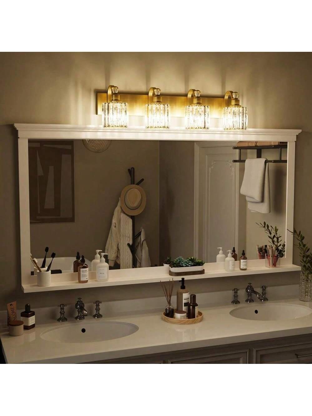 Qeetex PHO-1593NDG2-HF4 4 lamp gold modern crystal bathroom vanity lamp. bathroom mirror lamp crystal vanity mirror shower light. mirror glass crystal bathroom vanity lighting fixture. suitable for bathroom bedroom indoor lamps