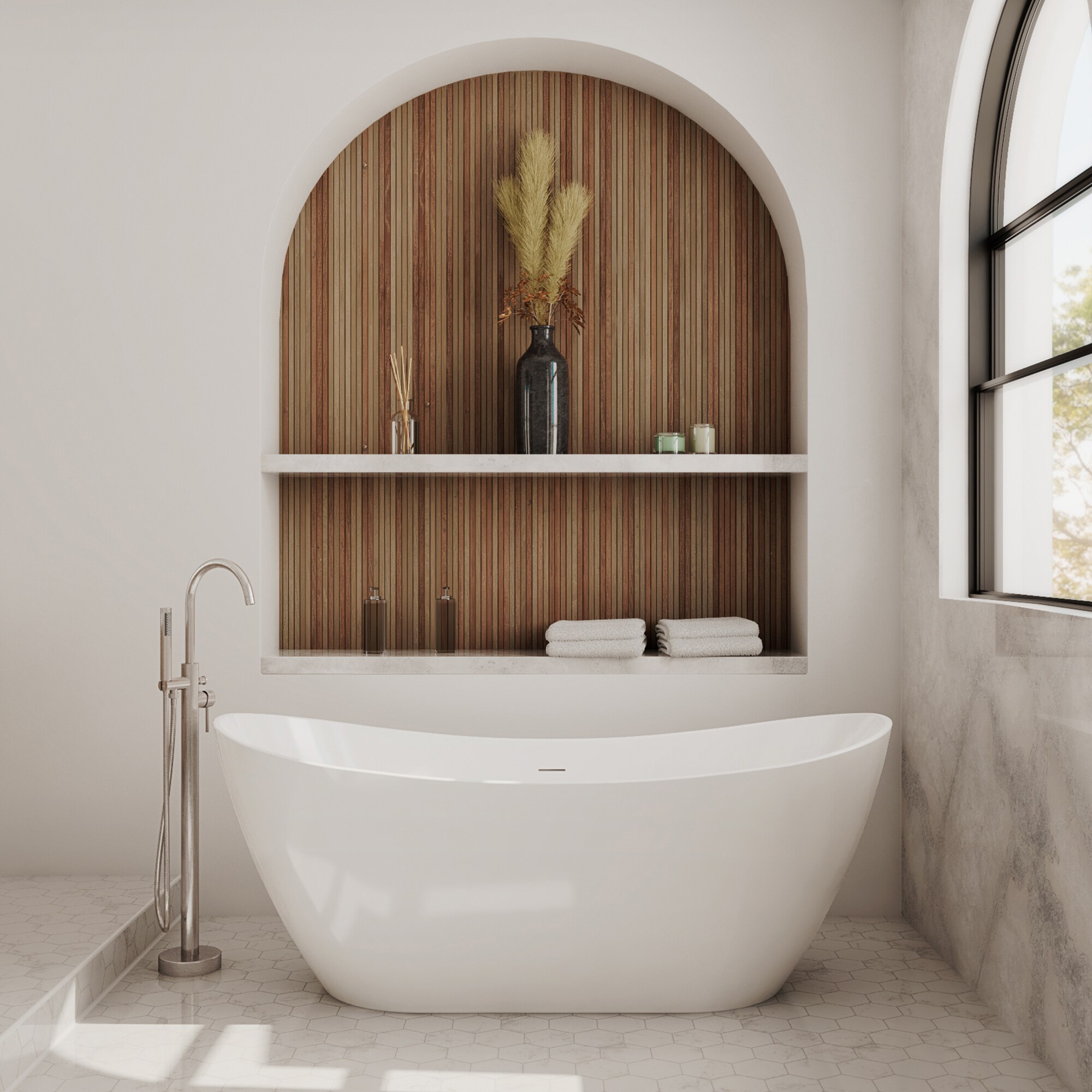 MAAX 107511-000-001-102 Mahaba 28.5-in x 66.875-in Brushed Nickel Acrylic Round Freestanding Soaking bathtub with Faucet Hand Shower with Drain ( Center Drain )