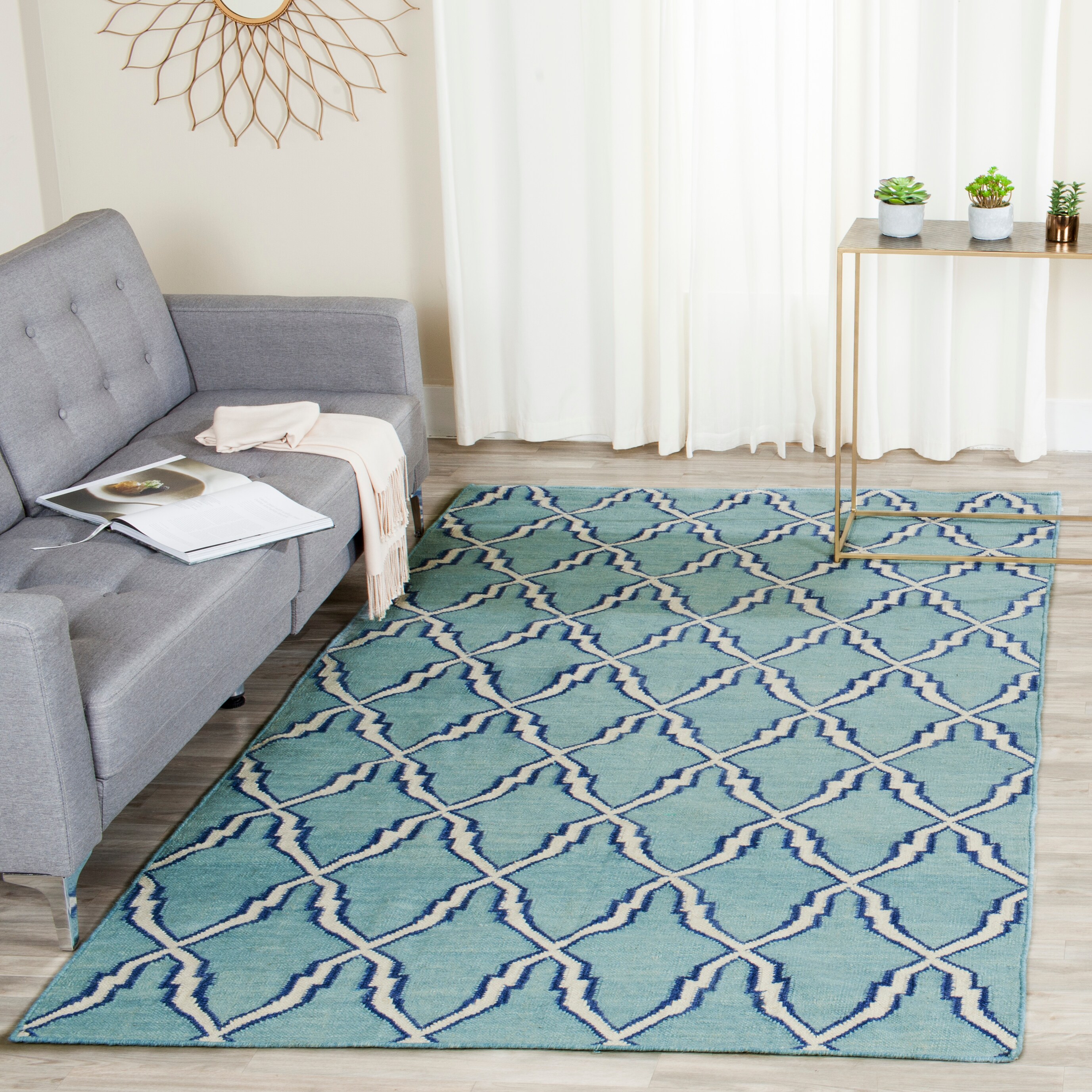 Safavieh DHU564B-3 Dhurries Redivy 3 x 5 (ft) Wool Light Blue/Ivory Rectangular Indoor Trellis Southwestern Throw rug