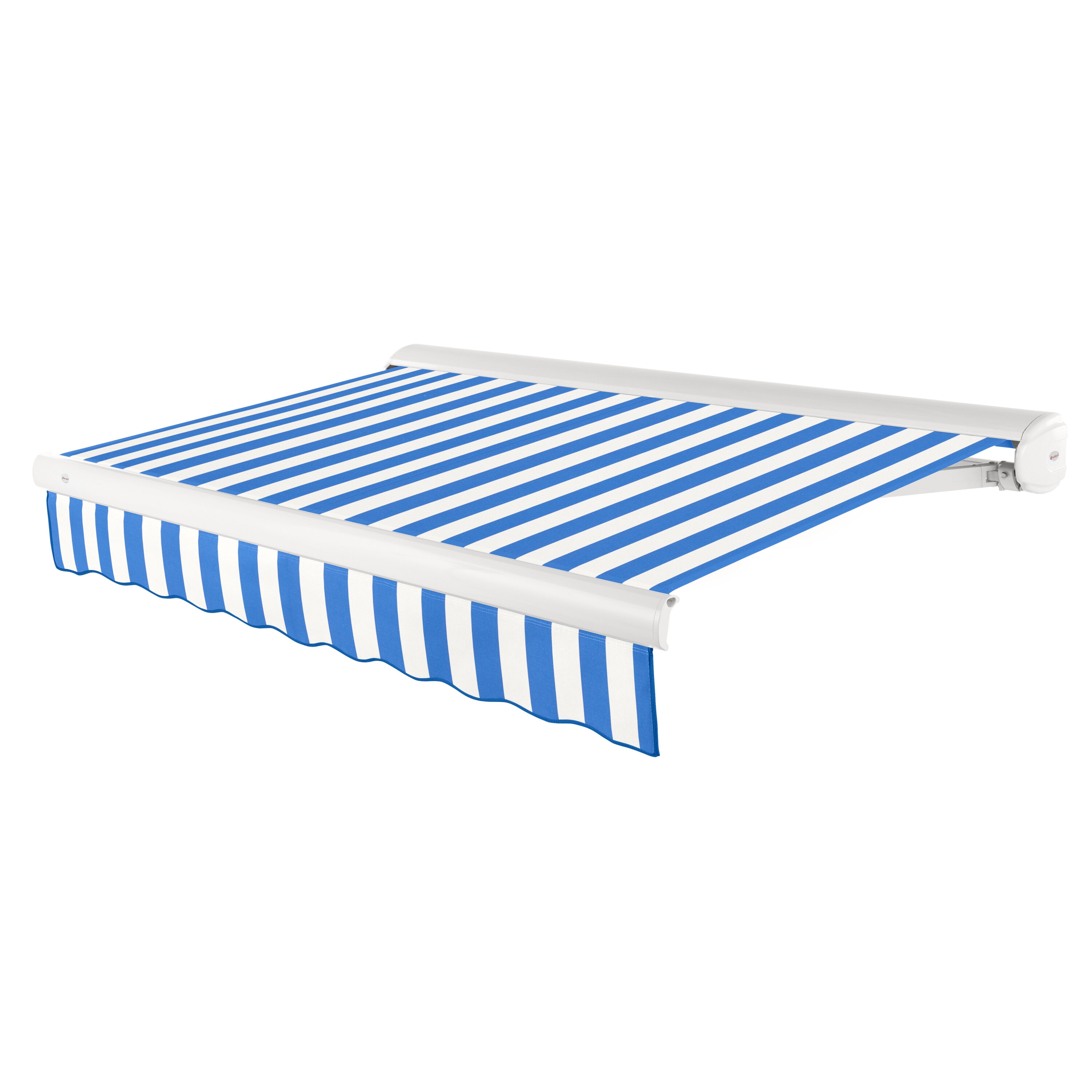 Awntech KWL10-L-BBW Key West Left Motor 120-in Wide x 96-in Projection x 10-in Height Fabric Bright Blue/White Stripe Striped Motorized Retractable Patio Awning