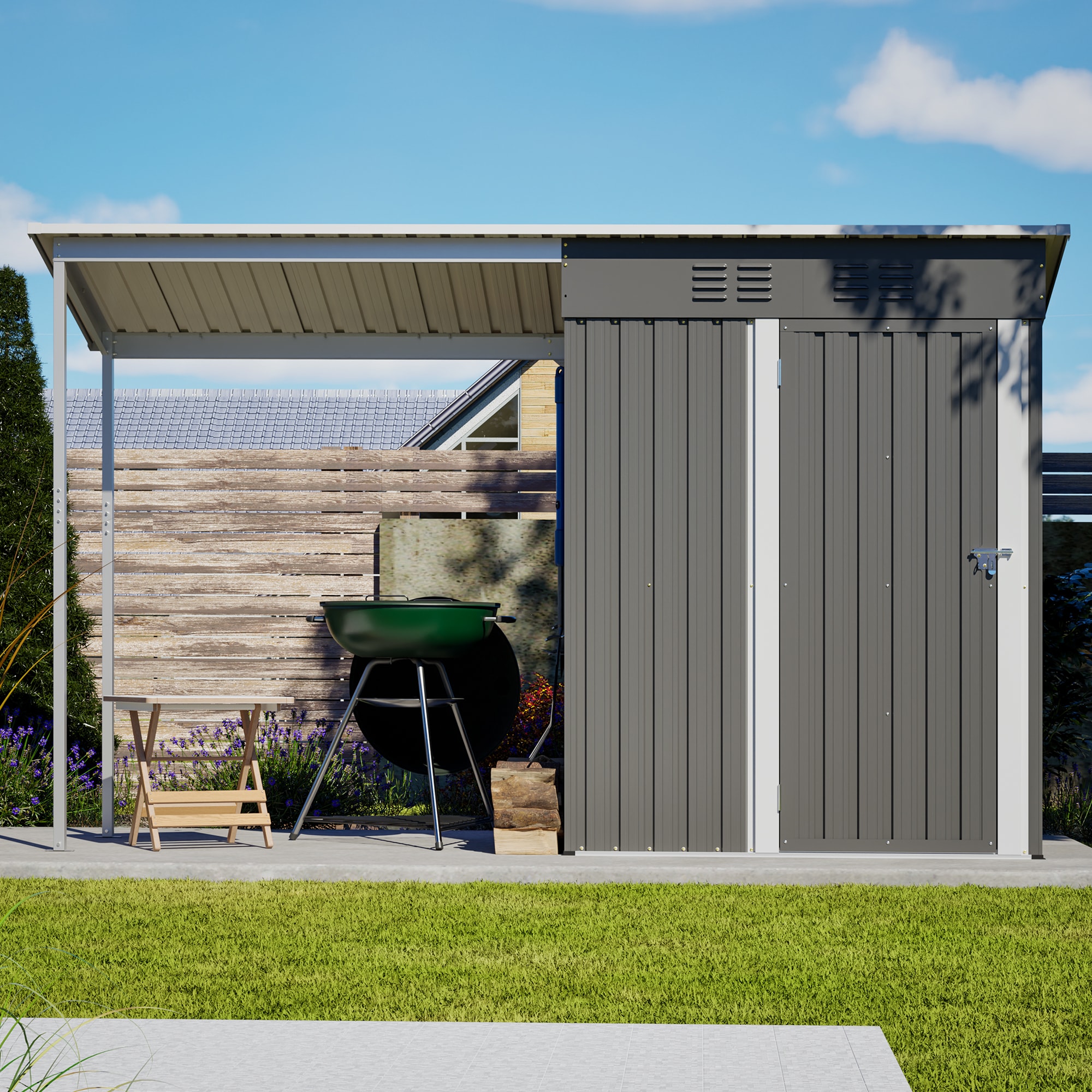 Boho Havens - Durable 5x3 FT Galvanized Steel Shed and Gazebo Combo Easy Assembly Lean To Storage...