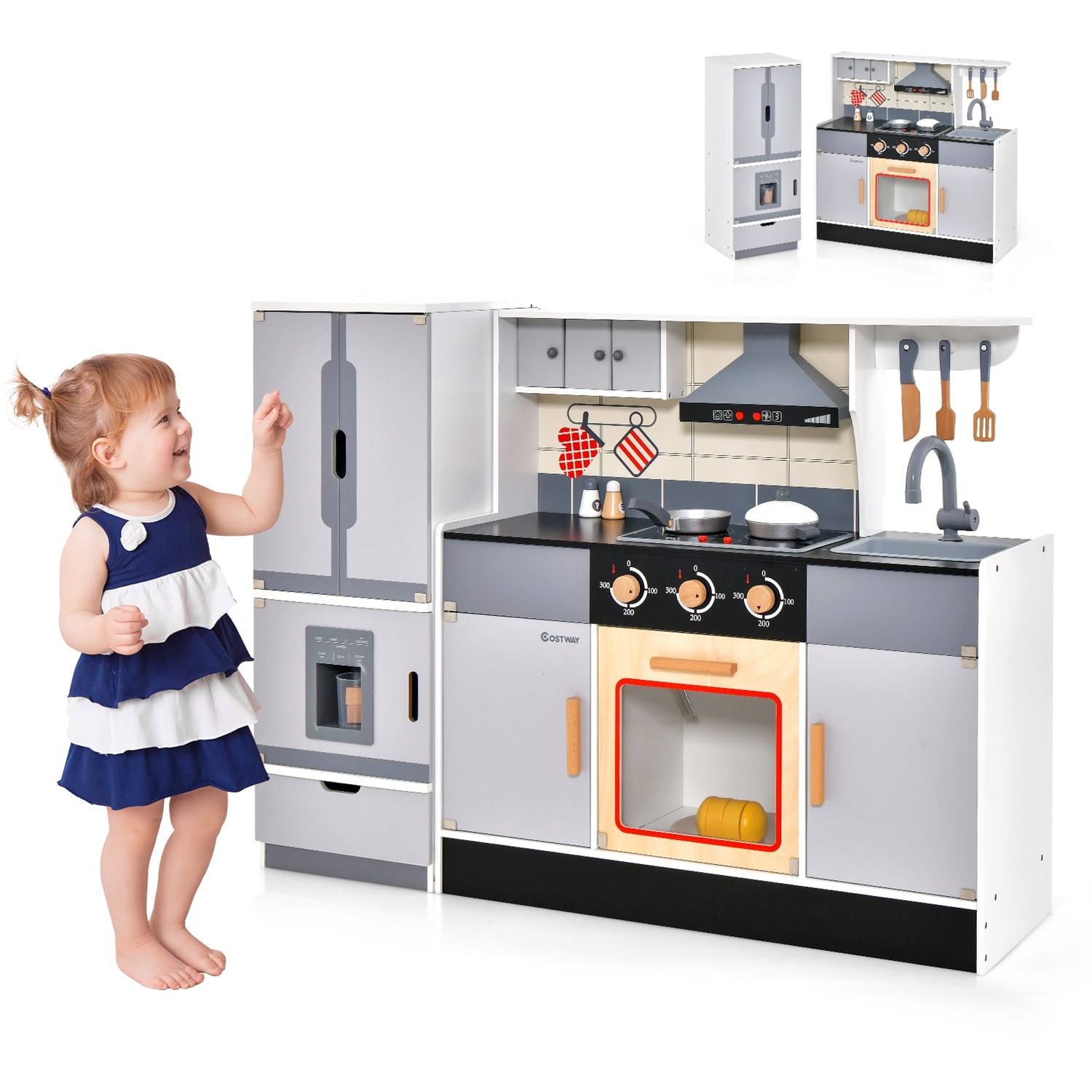 Costway - Kids Wooden Pretend Play Kitchen Toddlers Toy with Refrigerator and Accessories