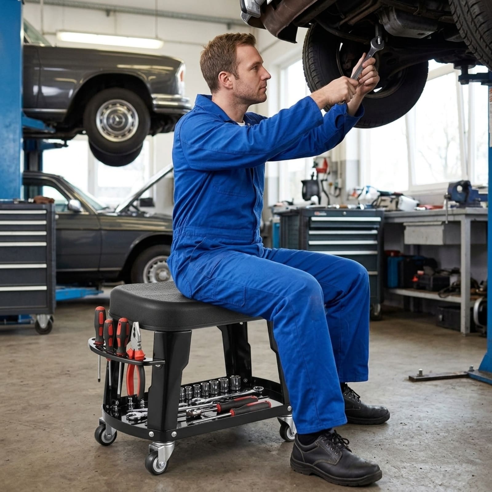 GIVIMO Mechanic Stool 300-lb Capacity Rolling Garage Work Stool with Wheels 360-Degree Swivel Shop Stool with Tool Tray and Screwdriver Rack for Auto Repair